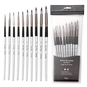 10 PCs Nylon Hair Brush Silver Gray Rod round Front Watercolor