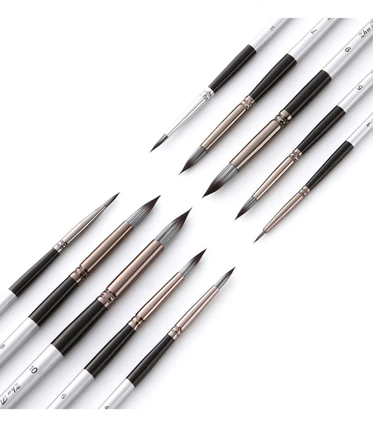 10 PCs Nylon Hair Brush Silver Gray Rod round Front Watercolor