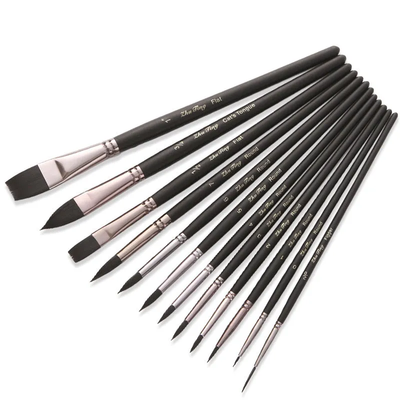 12 PCs Black Nylon Hair Black Rod Soft Plastic Bag Brush Set Oil Painting Brush