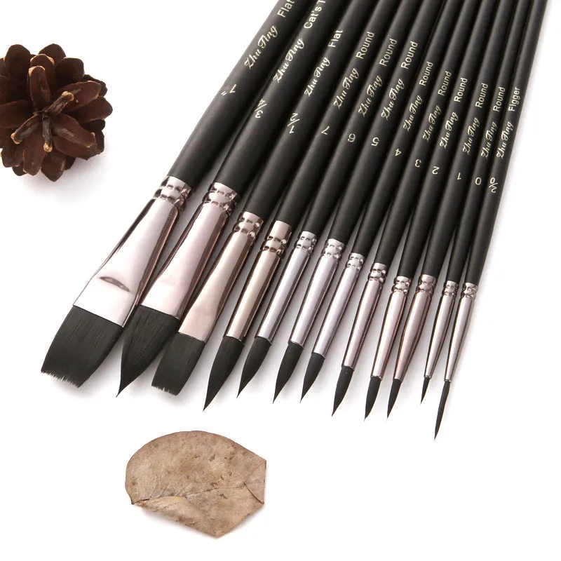 12 PCs Black Nylon Hair Black Rod Soft Plastic Bag Brush Set Oil Painting Brush
