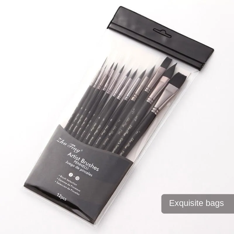 12 PCs Black Nylon Hair Black Rod Soft Plastic Bag Brush Set Oil Painting Brush