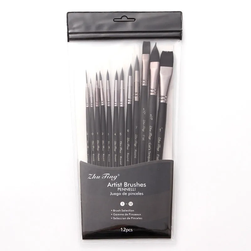12 PCs Black Nylon Hair Black Rod Soft Plastic Bag Brush Set Oil Painting Brush