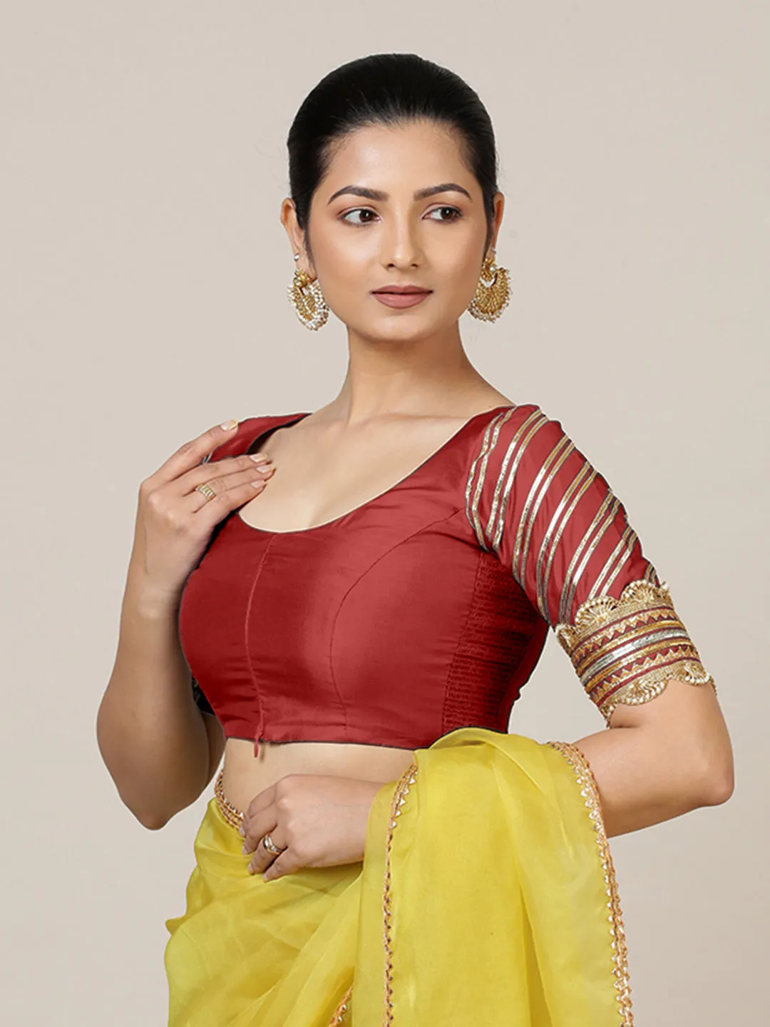 Anisha x Tyohaar | Elbow Sleeves Saree Blouse in Crimson Red