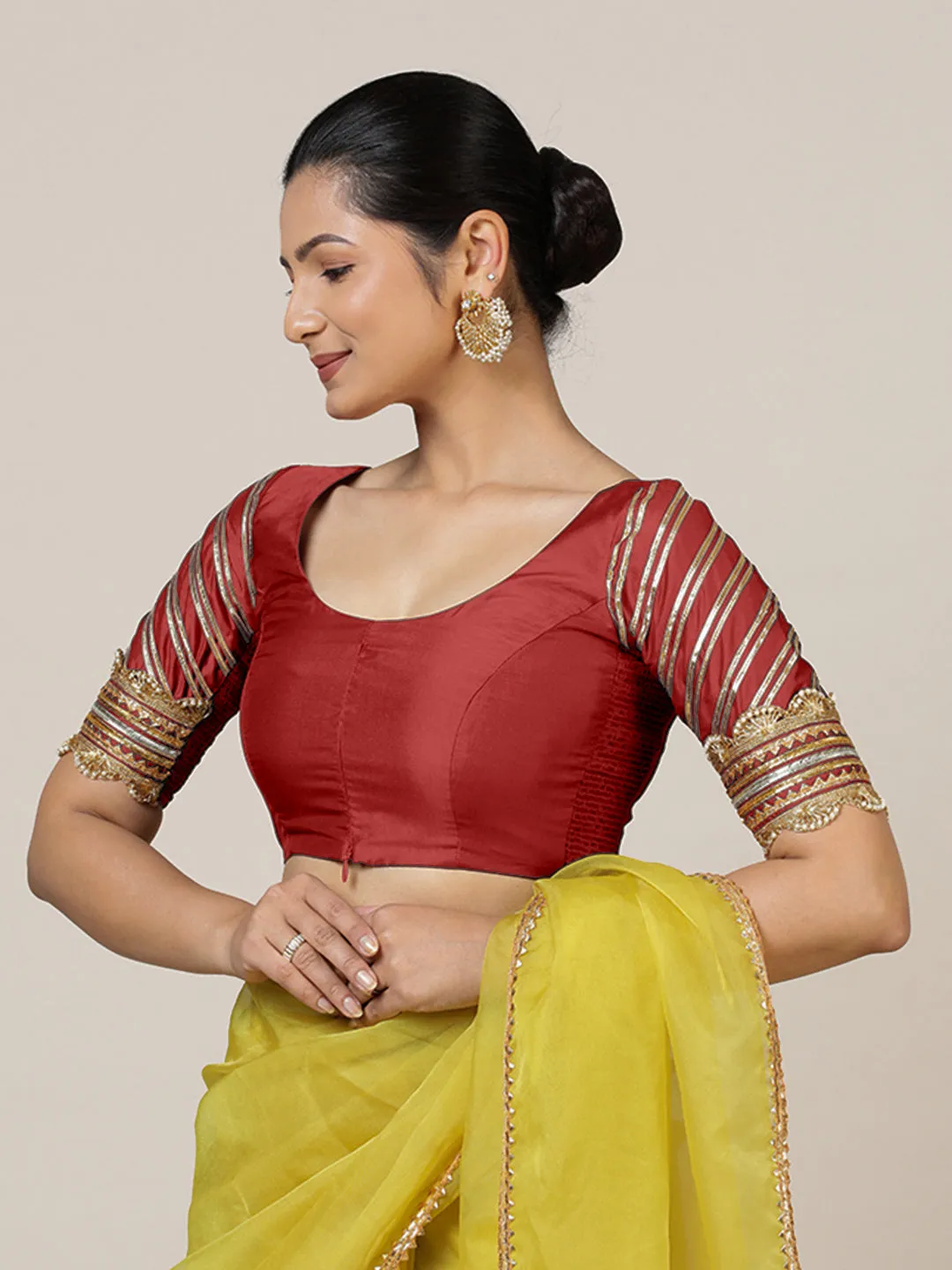 Anisha x Tyohaar | Elbow Sleeves Saree Blouse in Crimson Red