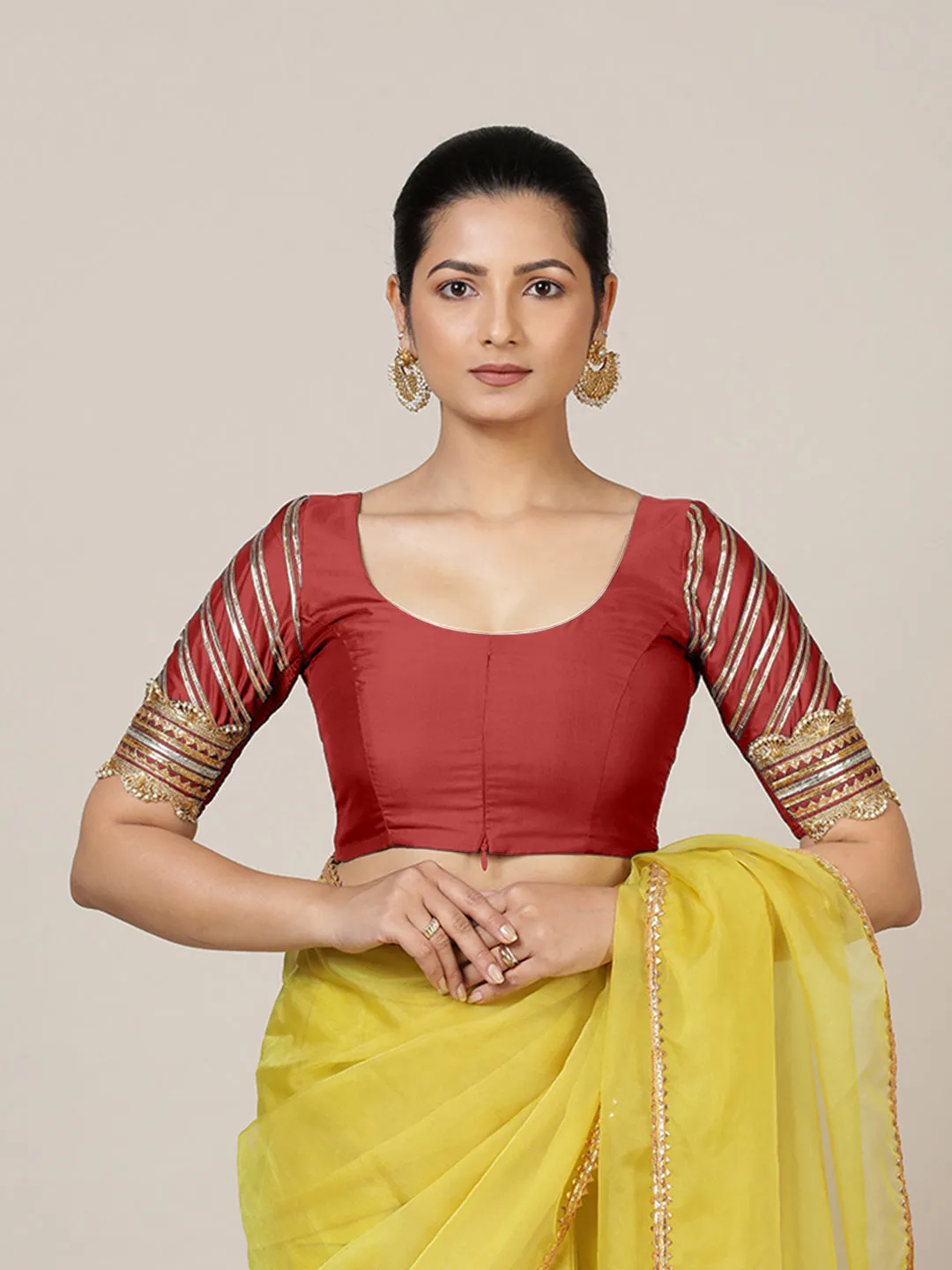 Anisha x Tyohaar | Elbow Sleeves Saree Blouse in Crimson Red