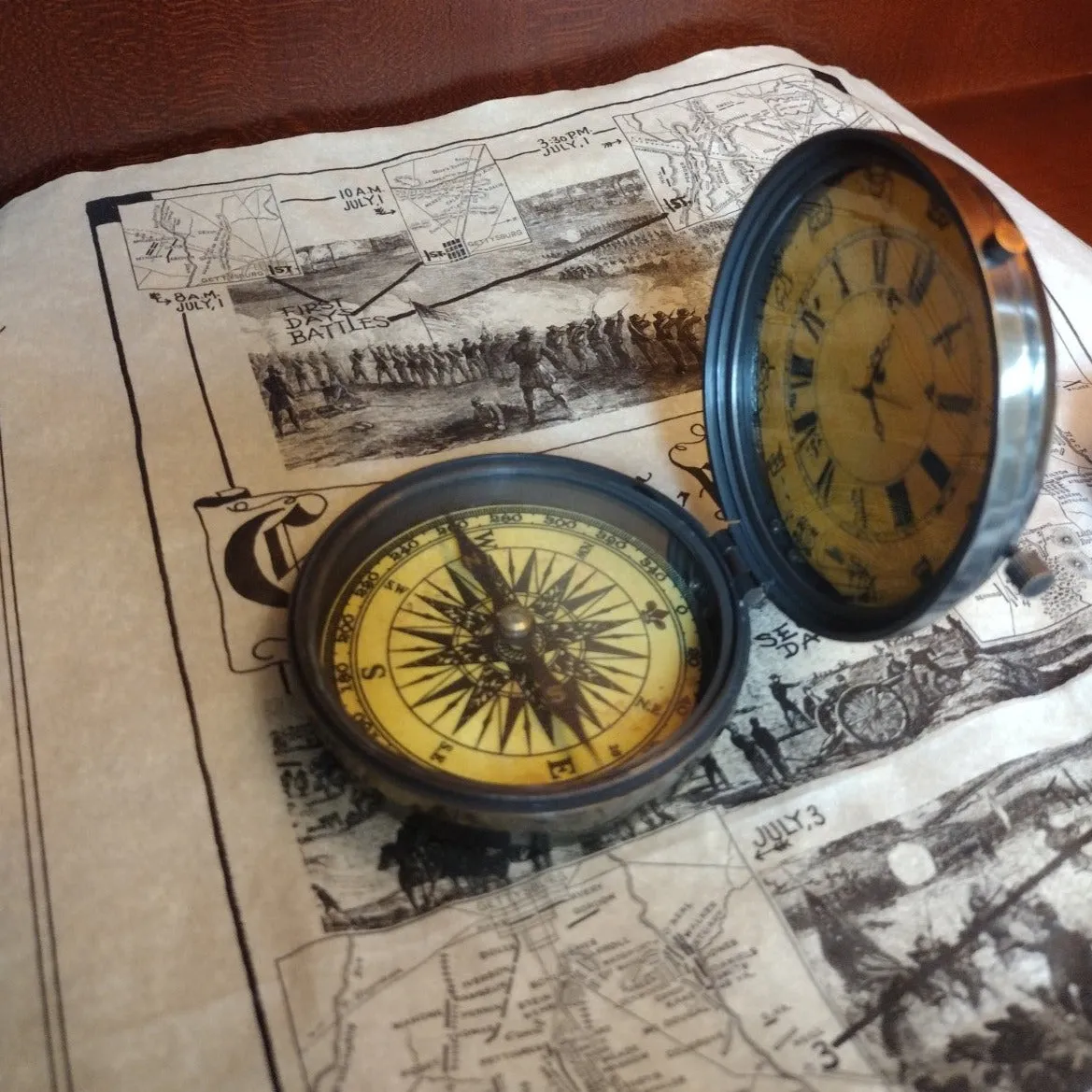 Antiqued Brass Compass and Clock with Hinged Lid