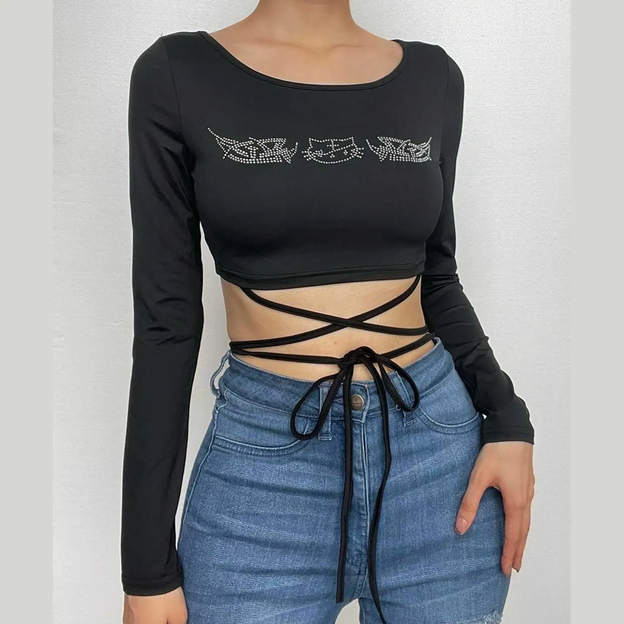 BerryBetty - Beaded long sleeve cross front self tie round neck crop top