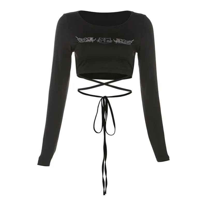 BerryBetty - Beaded long sleeve cross front self tie round neck crop top