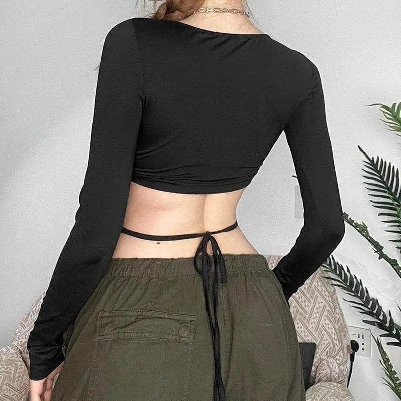 BerryBetty - Beaded long sleeve cross front self tie round neck crop top