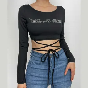 BerryBetty - Beaded long sleeve cross front self tie round neck crop top