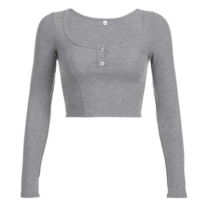 BerryBetty - Button long sleeve square neck solid crop top - Final Sale