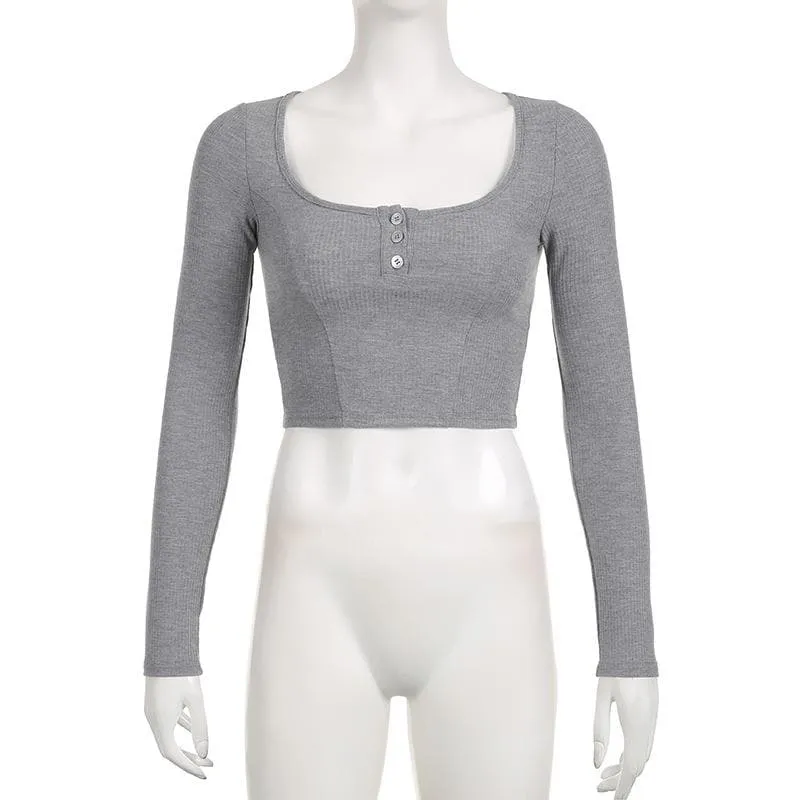 BerryBetty - Button long sleeve square neck solid crop top - Final Sale
