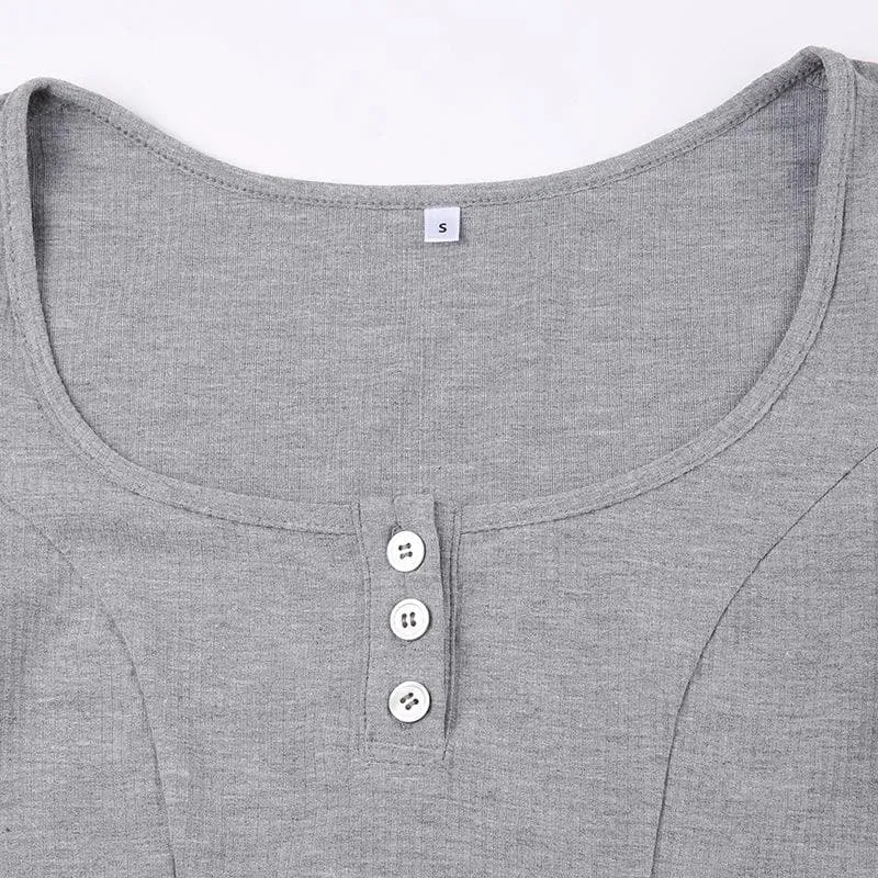 BerryBetty - Button long sleeve square neck solid crop top - Final Sale
