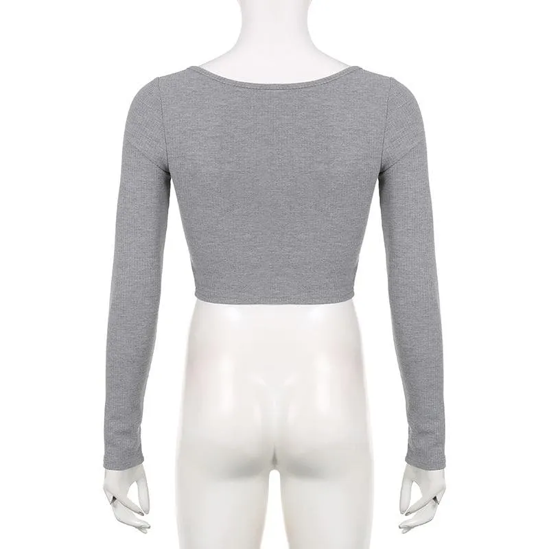 BerryBetty - Button long sleeve square neck solid crop top - Final Sale