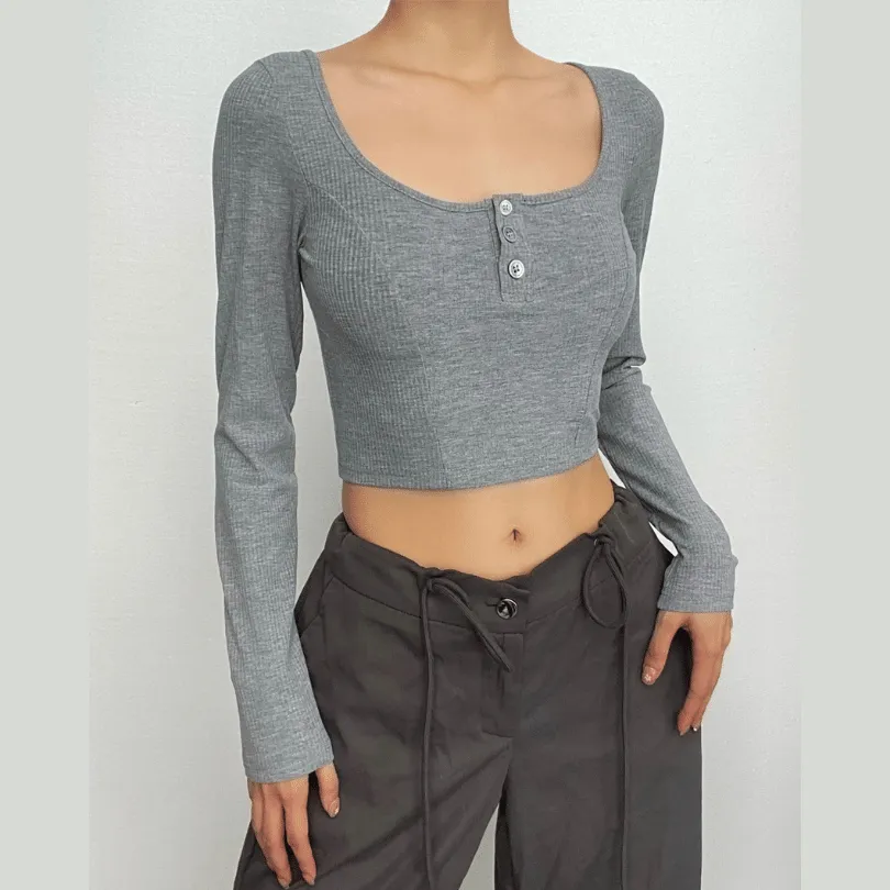 BerryBetty - Button long sleeve square neck solid crop top - Final Sale