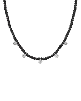 Black Spinel Gemstone & Five diamonds Necklace - 14K White Gold