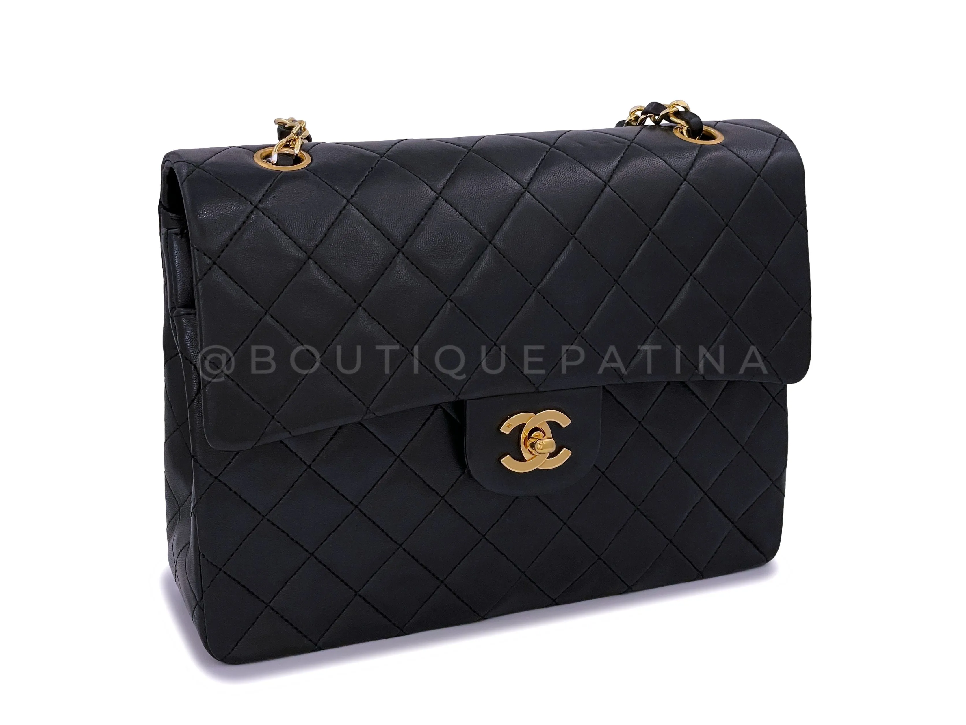 Chanel 1989 Vintage Black Tall Medium Classic Double Flap Bag 24k GHW Lambskin