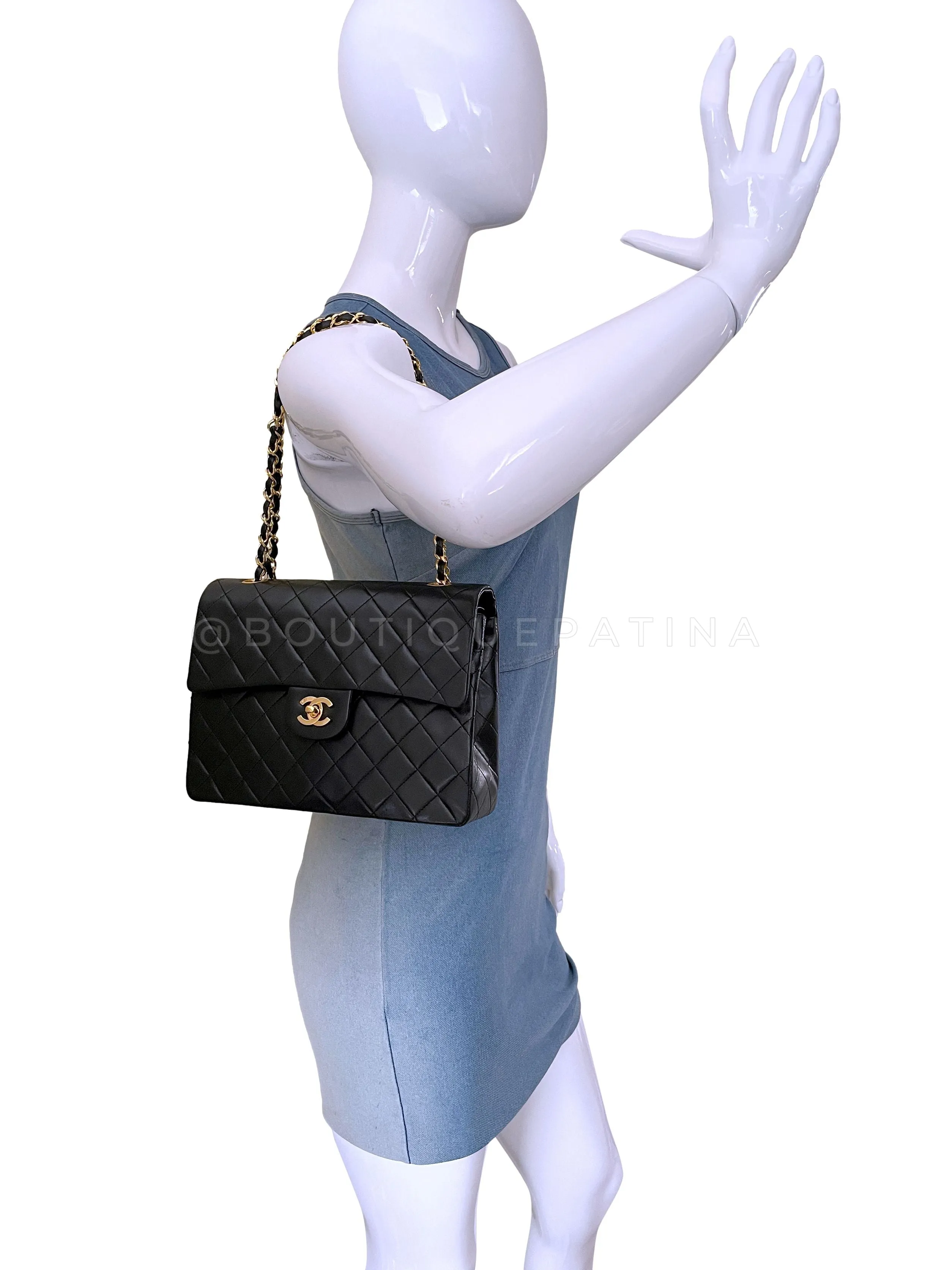 Chanel 1989 Vintage Black Tall Medium Classic Double Flap Bag 24k GHW Lambskin