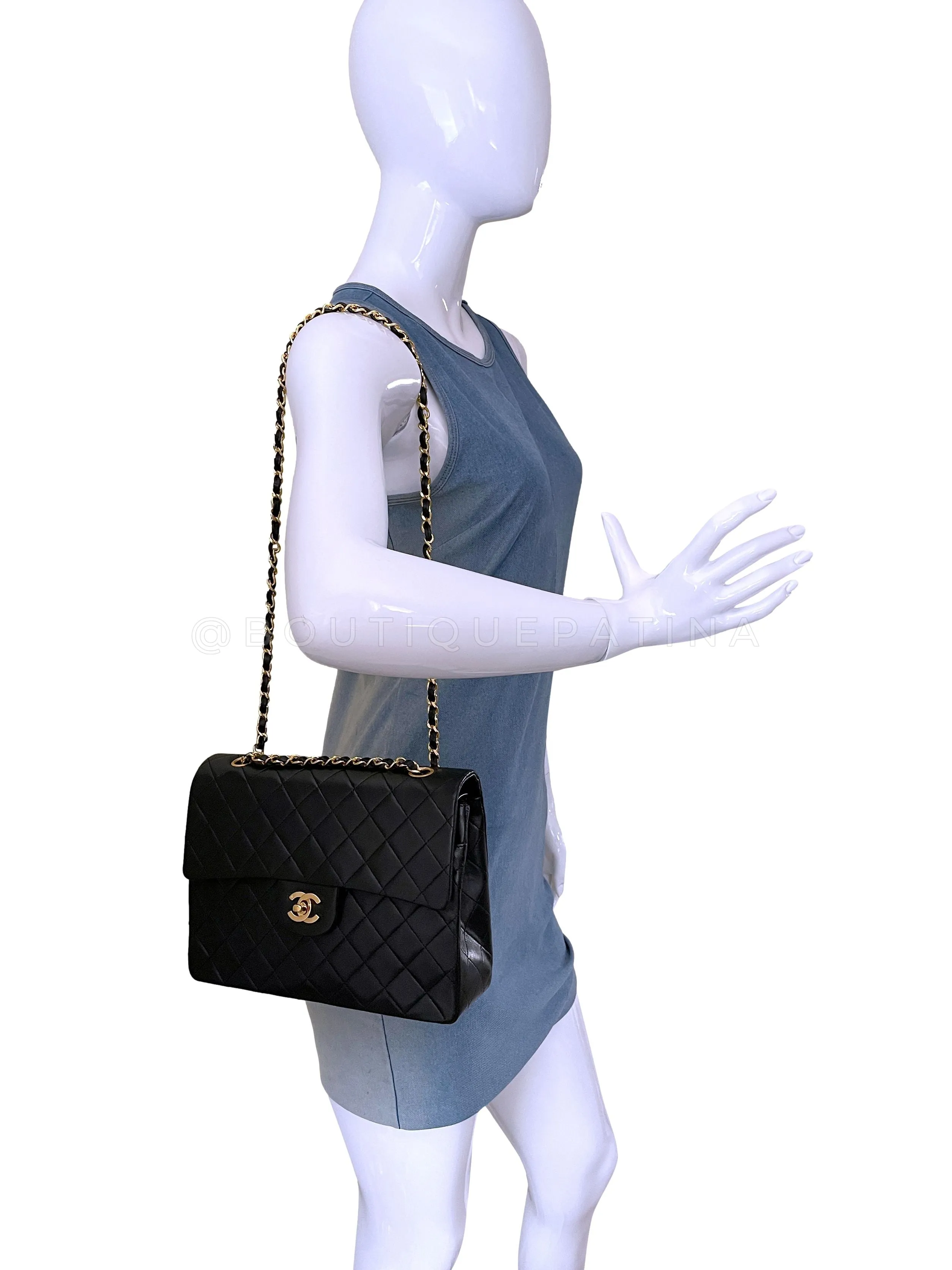 Chanel 1989 Vintage Black Tall Medium Classic Double Flap Bag 24k GHW Lambskin