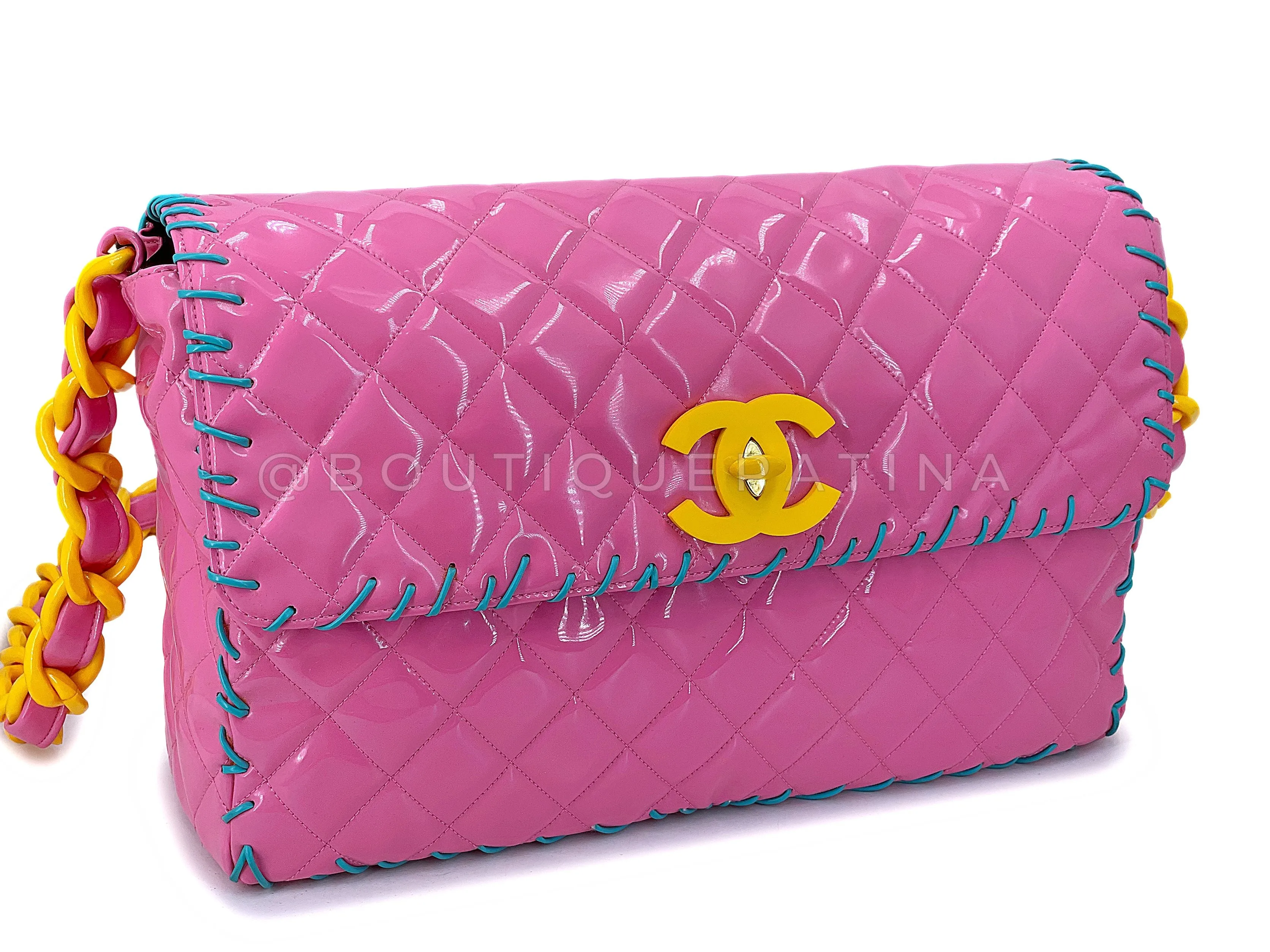 Chanel 1994 Spring Pink Patent Resin Chain Maxi Flap Bag