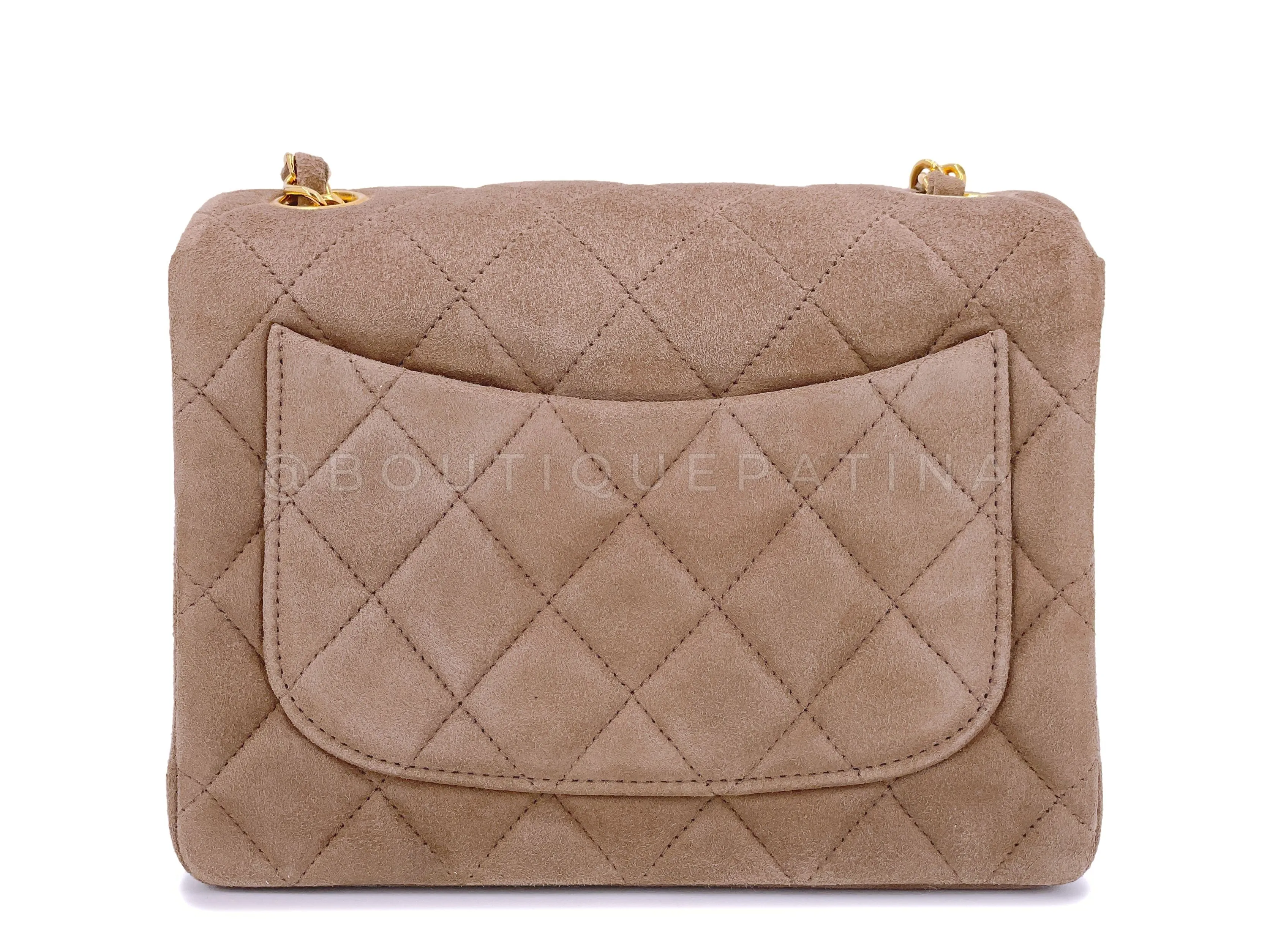 Chanel 1994 Vintage Taupe-Chocolate Brown Suede Square Mini Flap Bag 24k GHW