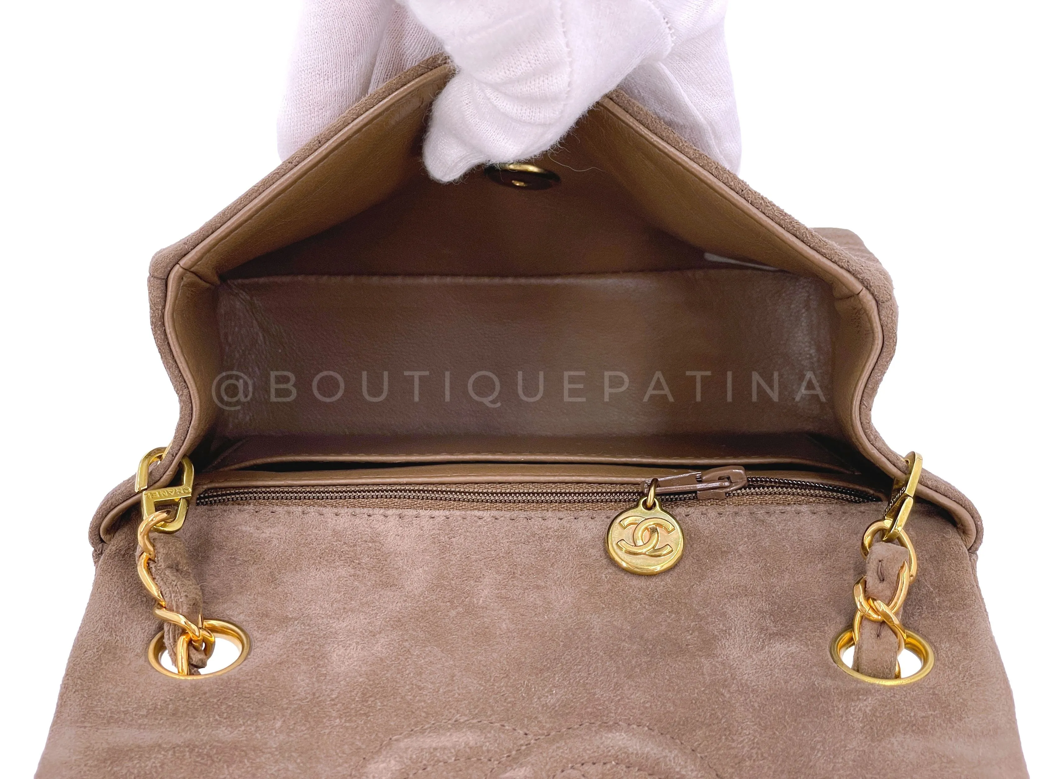 Chanel 1994 Vintage Taupe-Chocolate Brown Suede Square Mini Flap Bag 24k GHW