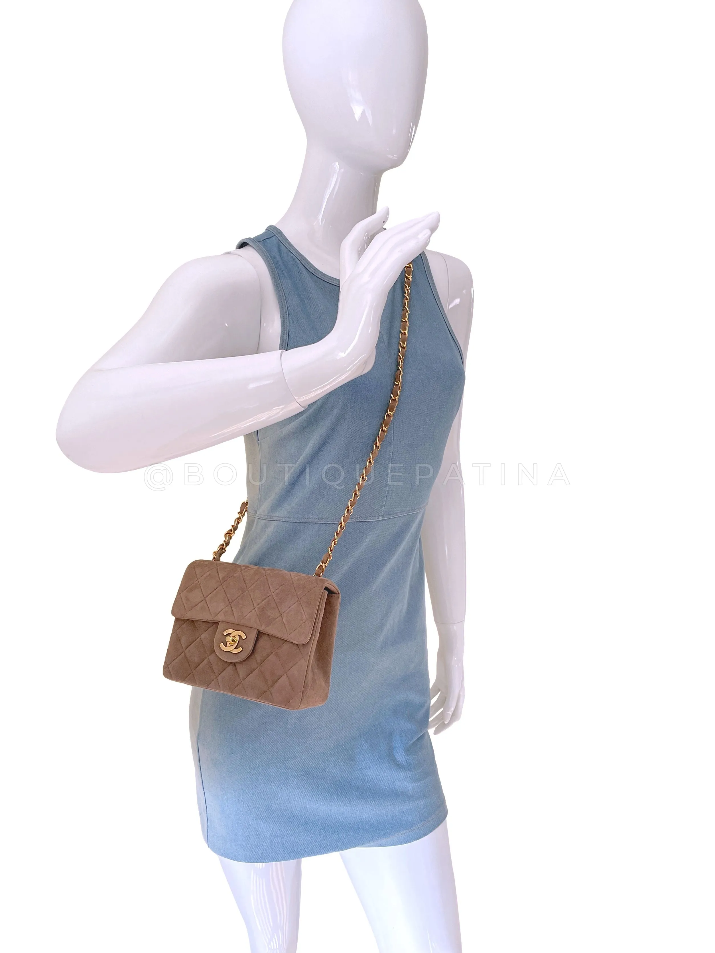 Chanel 1994 Vintage Taupe-Chocolate Brown Suede Square Mini Flap Bag 24k GHW