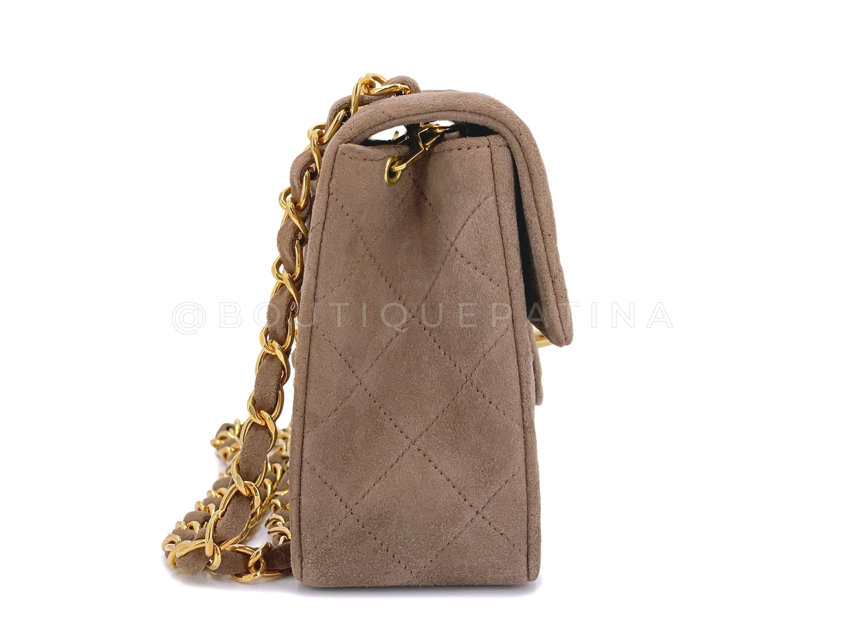 Chanel 1994 Vintage Taupe-Chocolate Brown Suede Square Mini Flap Bag 24k GHW