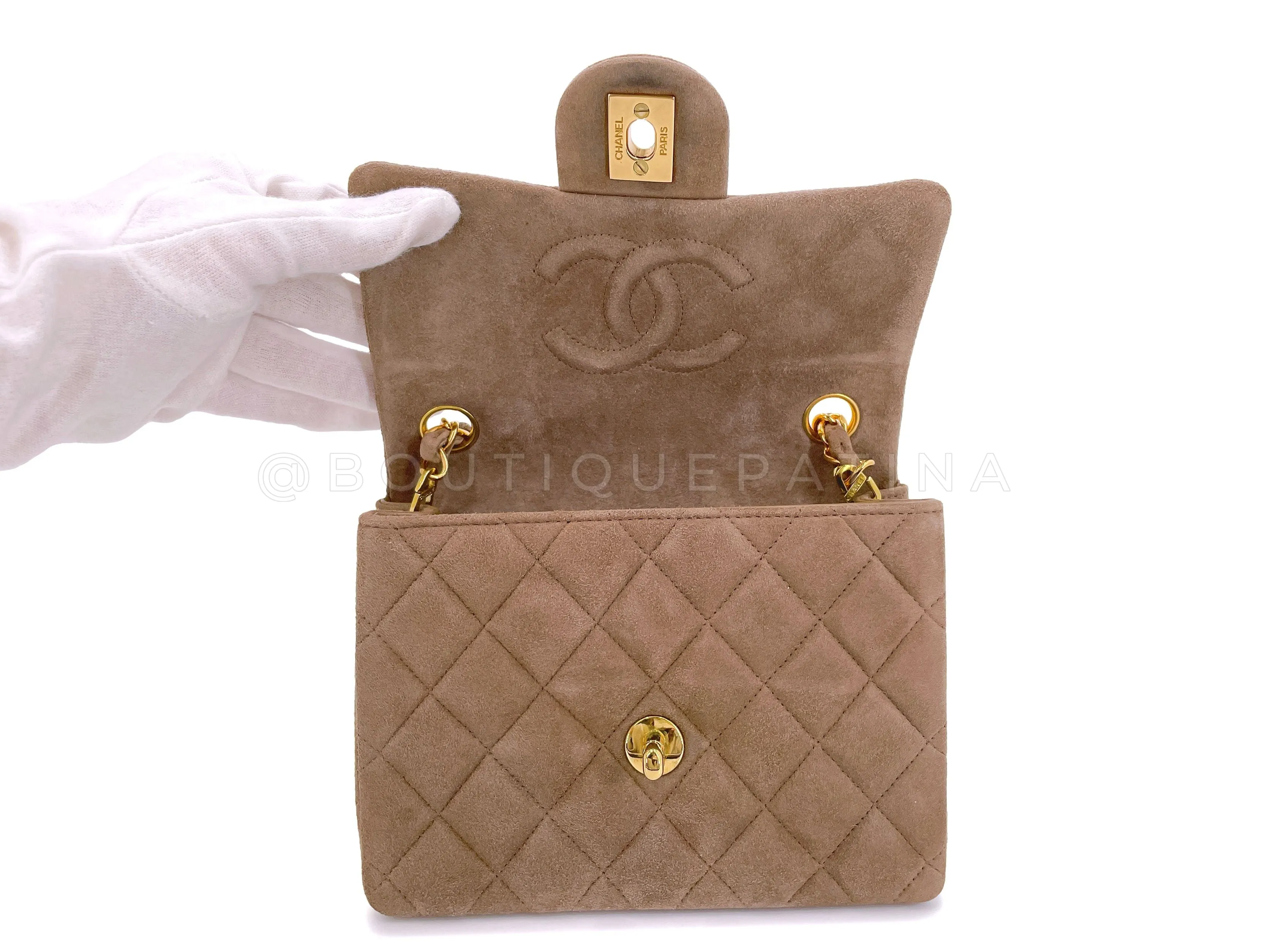Chanel 1994 Vintage Taupe-Chocolate Brown Suede Square Mini Flap Bag 24k GHW