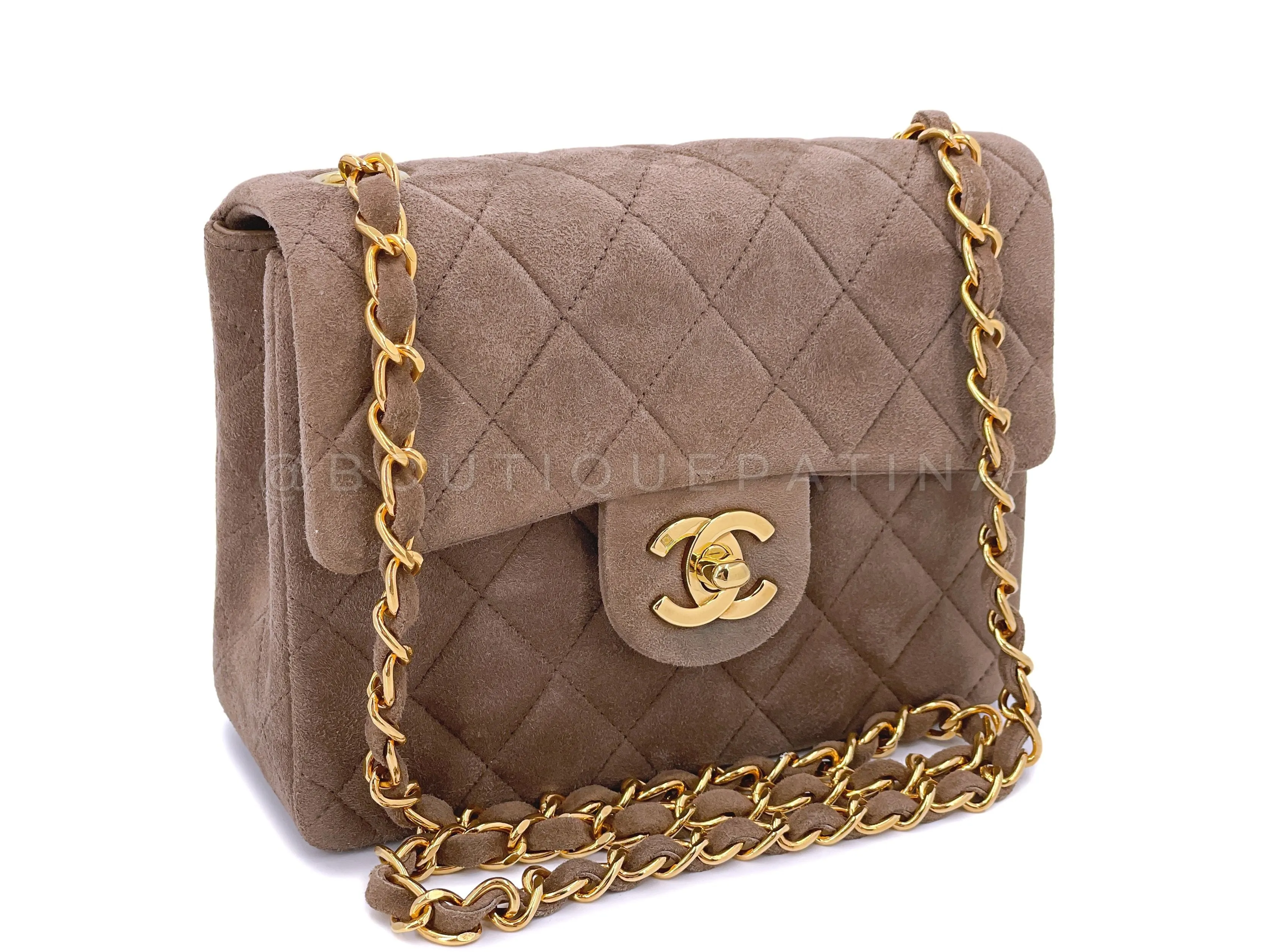 Chanel 1994 Vintage Taupe-Chocolate Brown Suede Square Mini Flap Bag 24k GHW