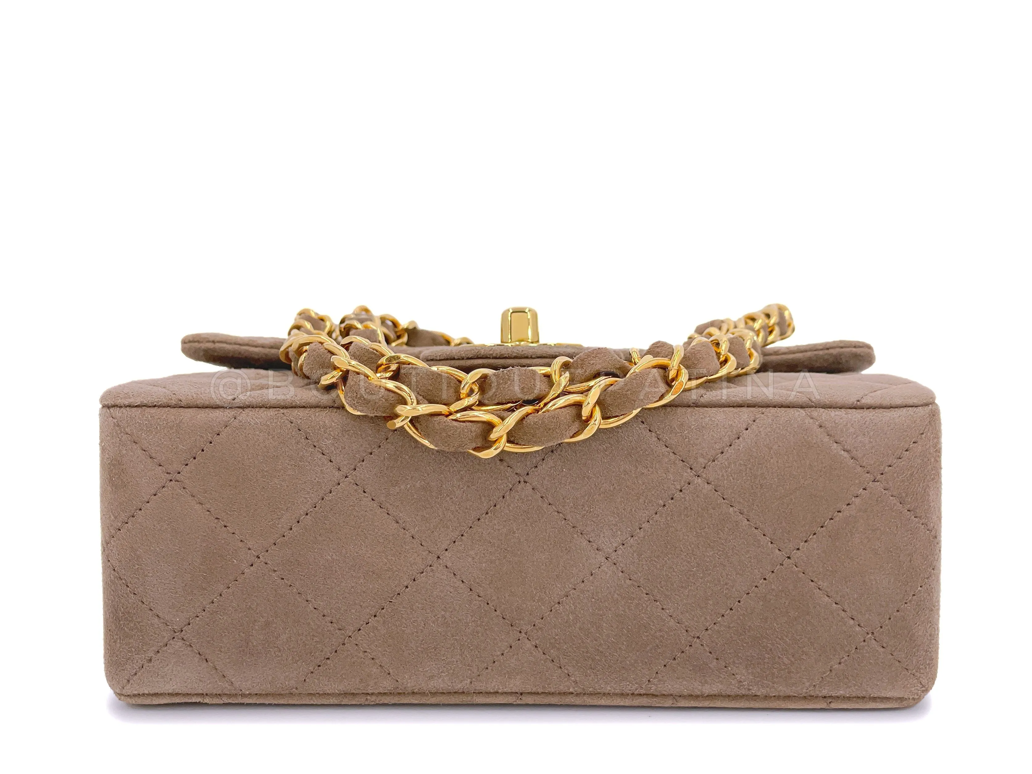 Chanel 1994 Vintage Taupe-Chocolate Brown Suede Square Mini Flap Bag 24k GHW
