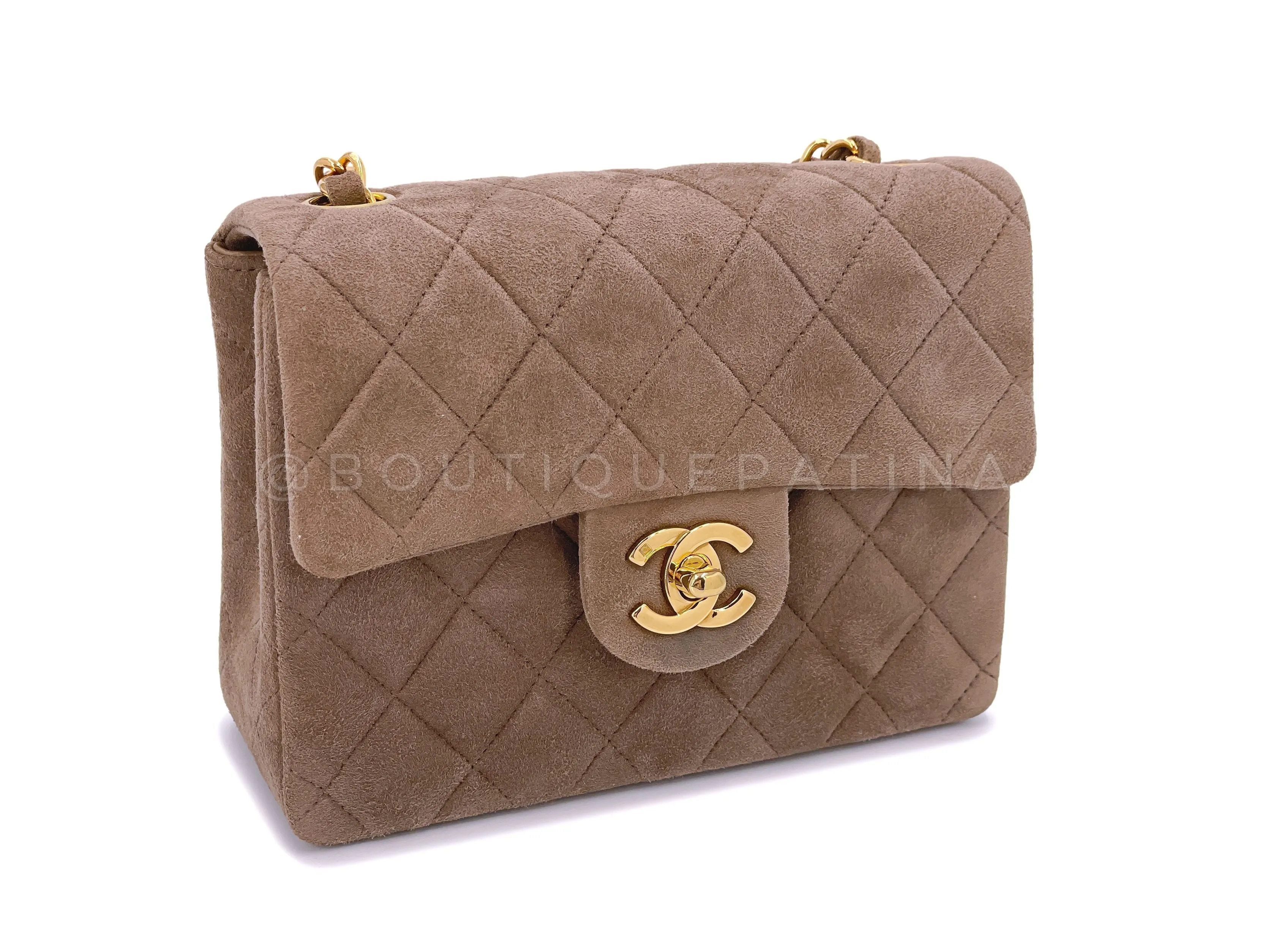 Chanel 1994 Vintage Taupe-Chocolate Brown Suede Square Mini Flap Bag 24k GHW