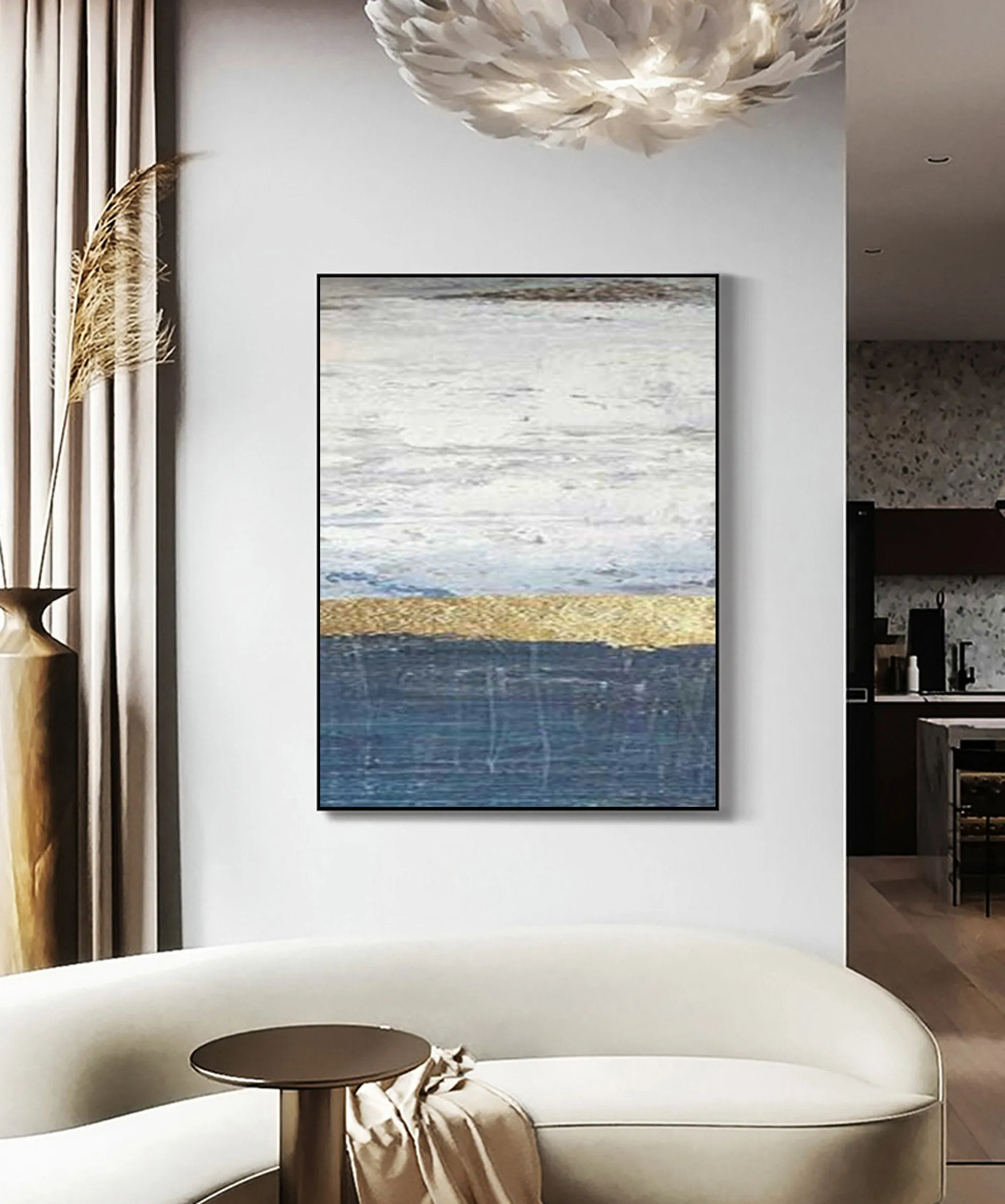 Deep Blue White Painting on Canvas Gold Leaf Abstract Painting Op042