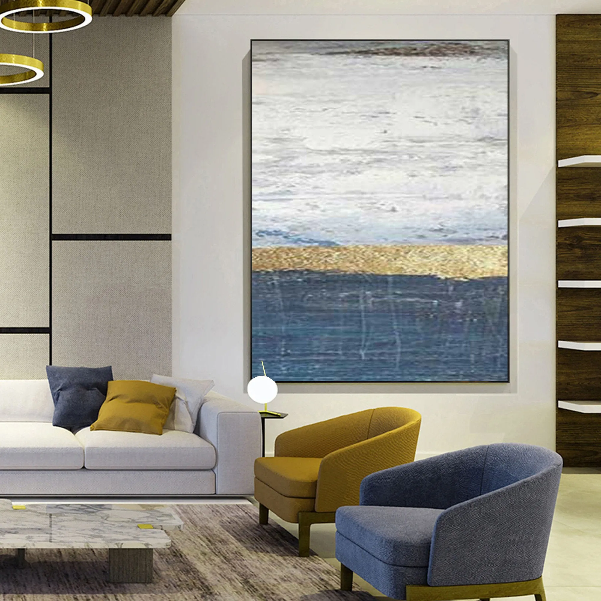 Deep Blue White Painting on Canvas Gold Leaf Abstract Painting Op042