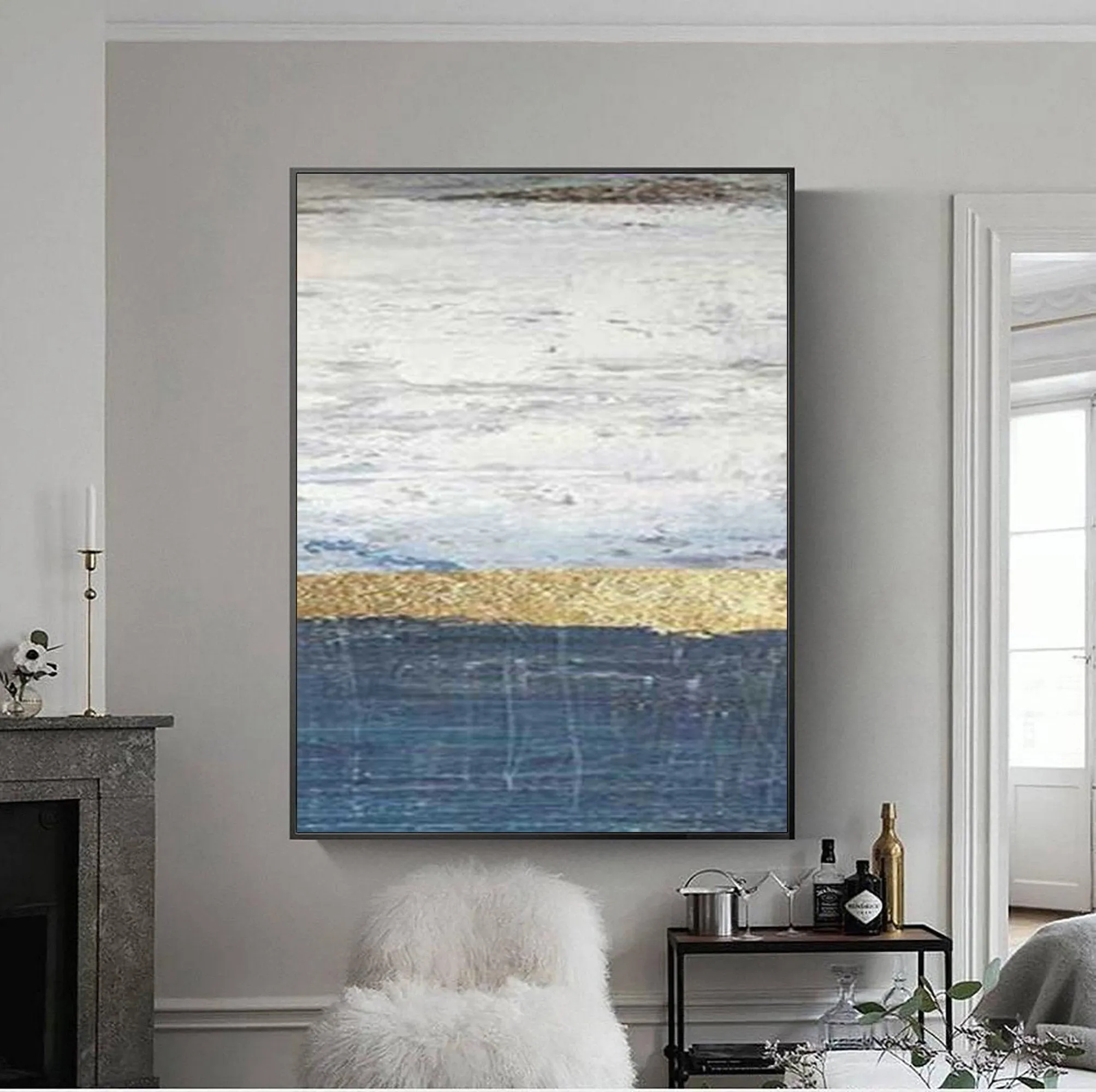 Deep Blue White Painting on Canvas Gold Leaf Abstract Painting Op042