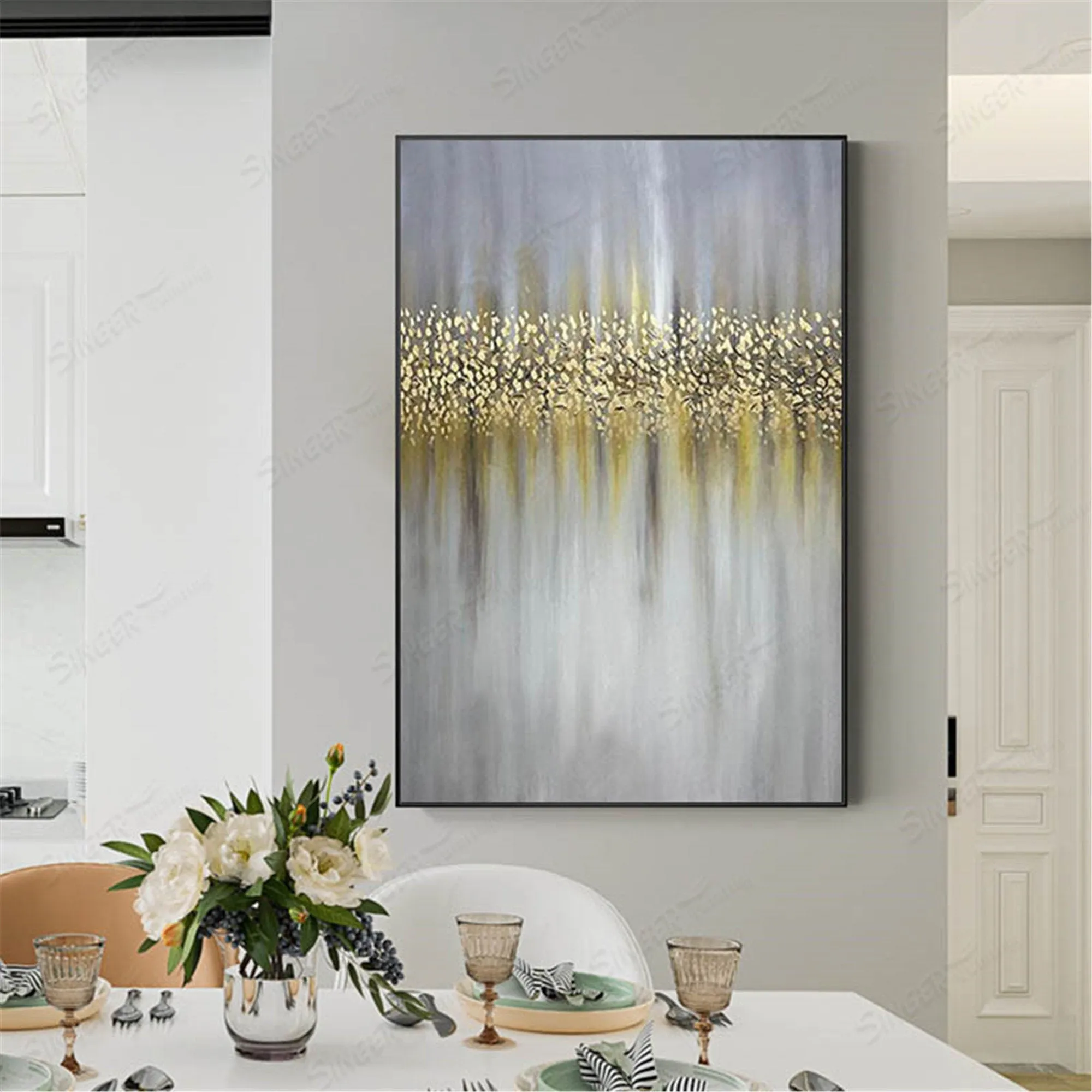 Gold art abstract painting canvas gray wall art  for living room Gp025