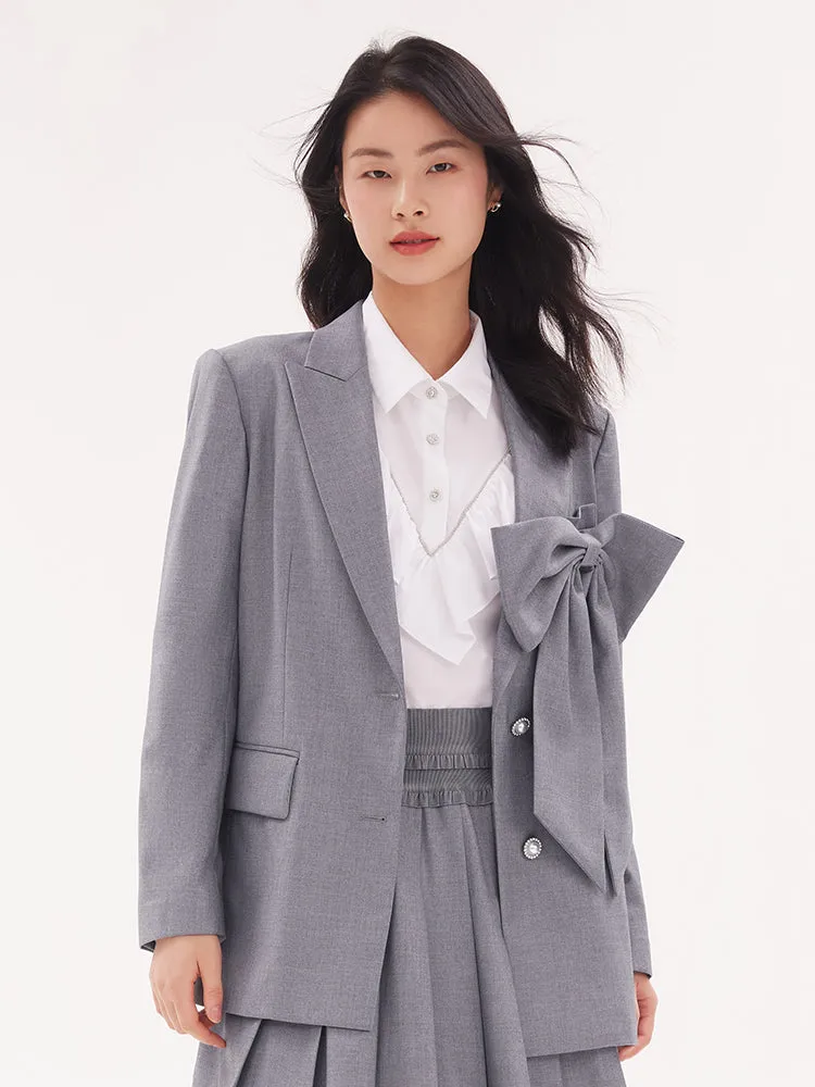 Grey Bowknot Oversized Women Blazer
