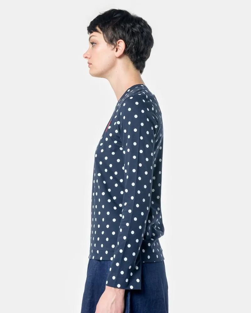 Long Sleeved Polka Dot T-Shirt with Red Heart in Navy/White
