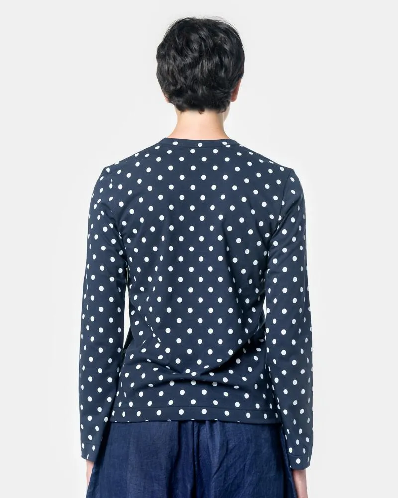 Long Sleeved Polka Dot T-Shirt with Red Heart in Navy/White