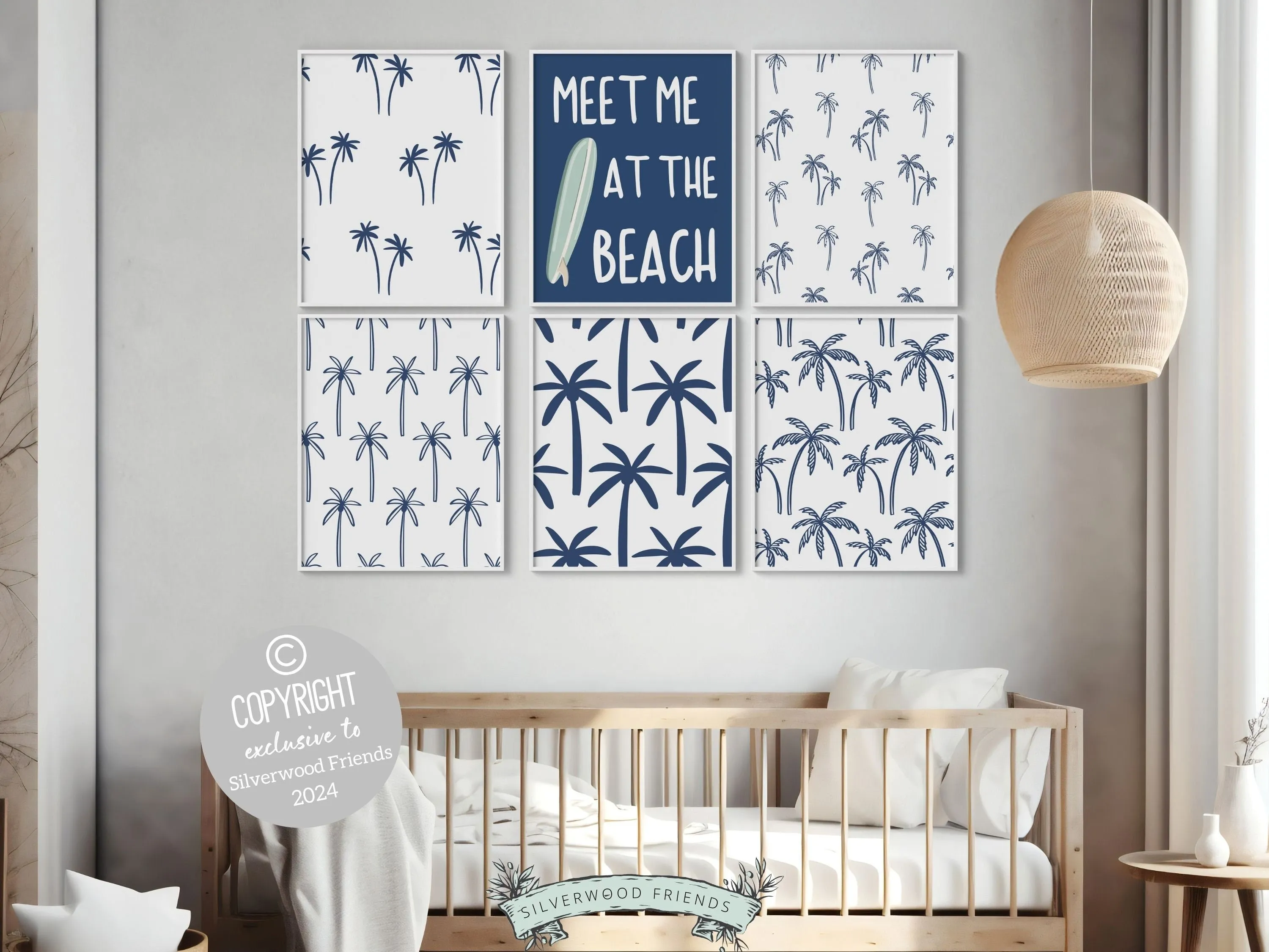 Navy Blue Surfboard Palm Tree Prints - Set of 6