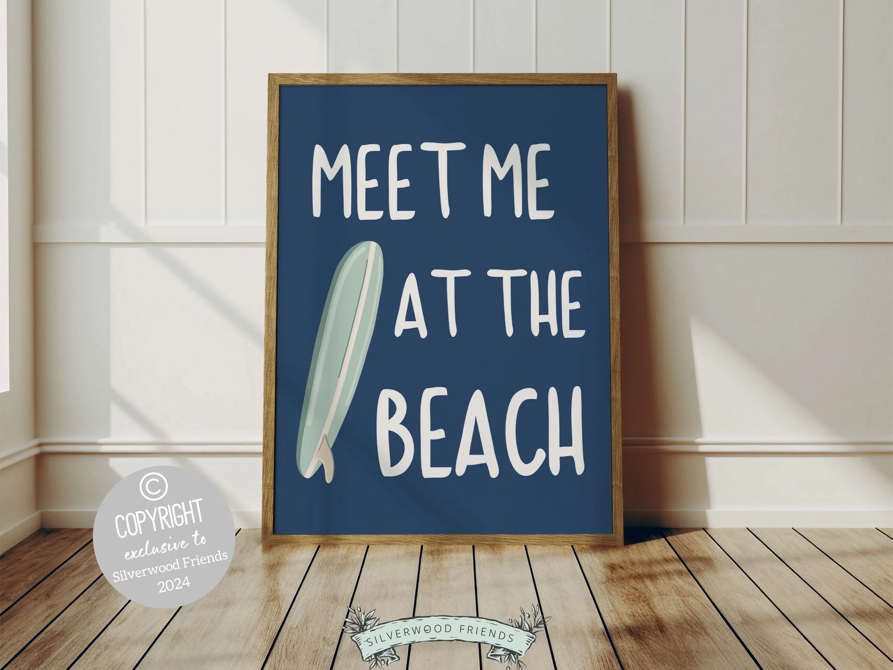 Navy Blue Surfboard Palm Tree Prints - Set of 6