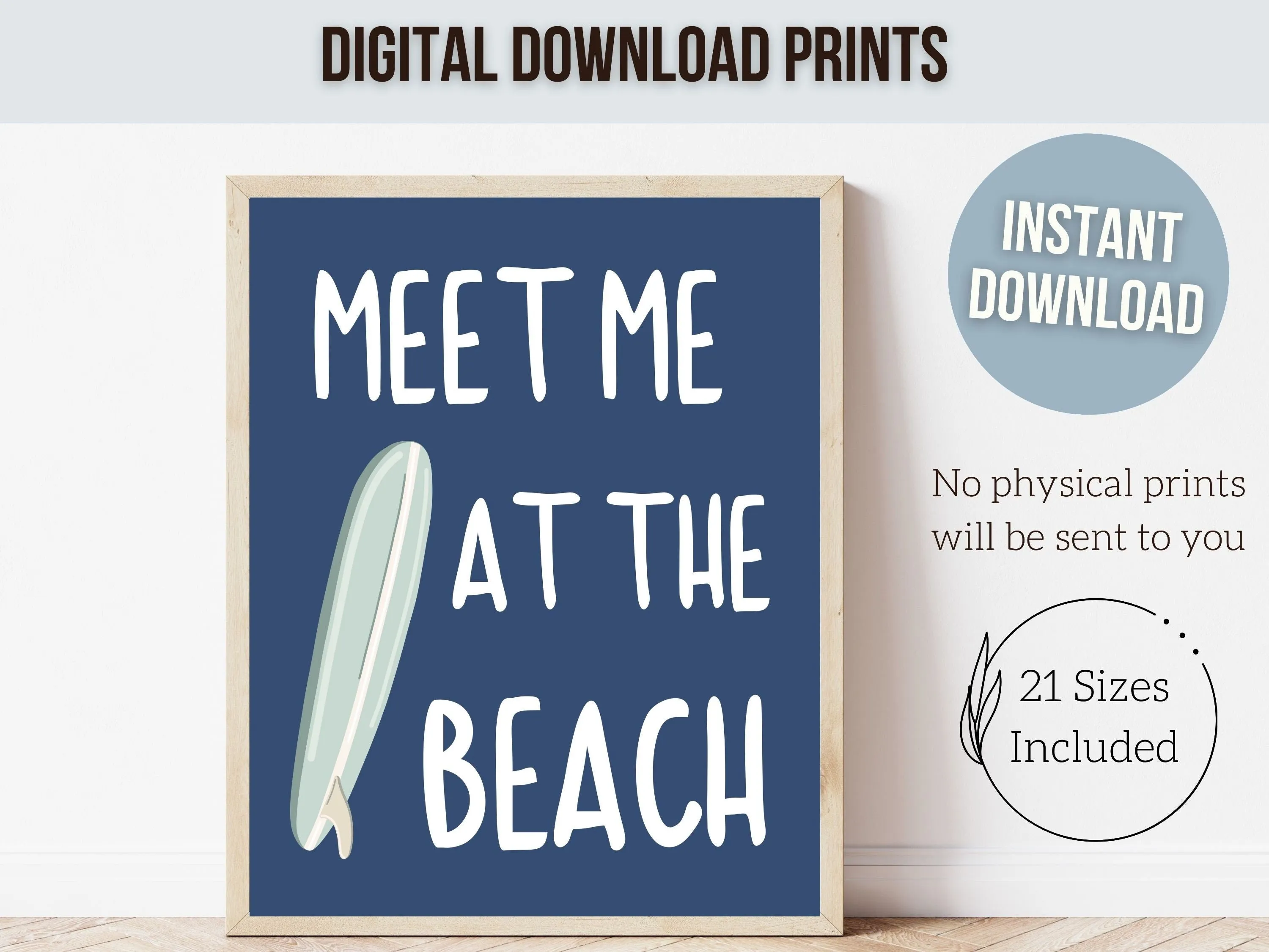 Navy Blue Surfboard Palm Tree Prints - Set of 6