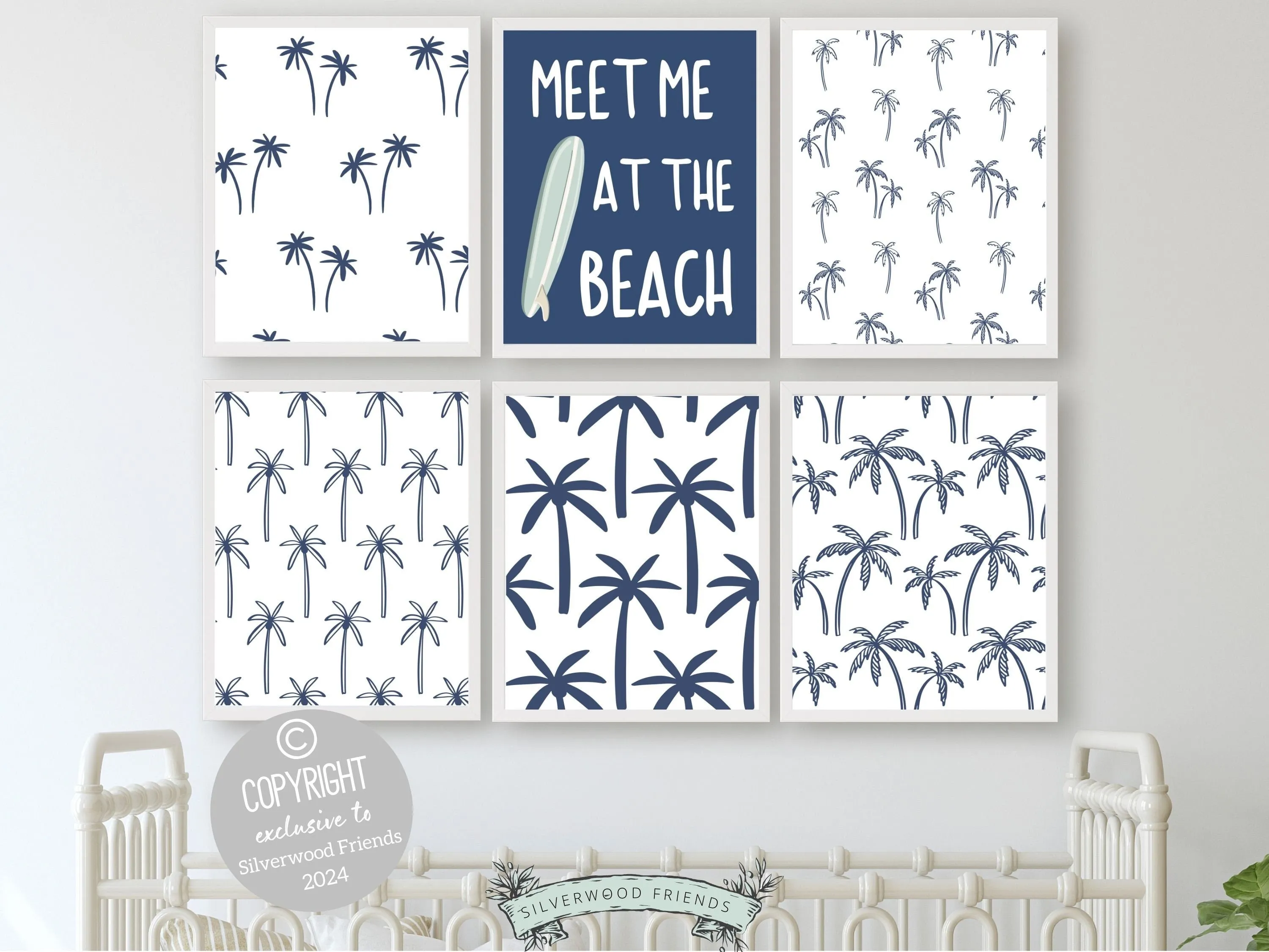 Navy Blue Surfboard Palm Tree Prints - Set of 6