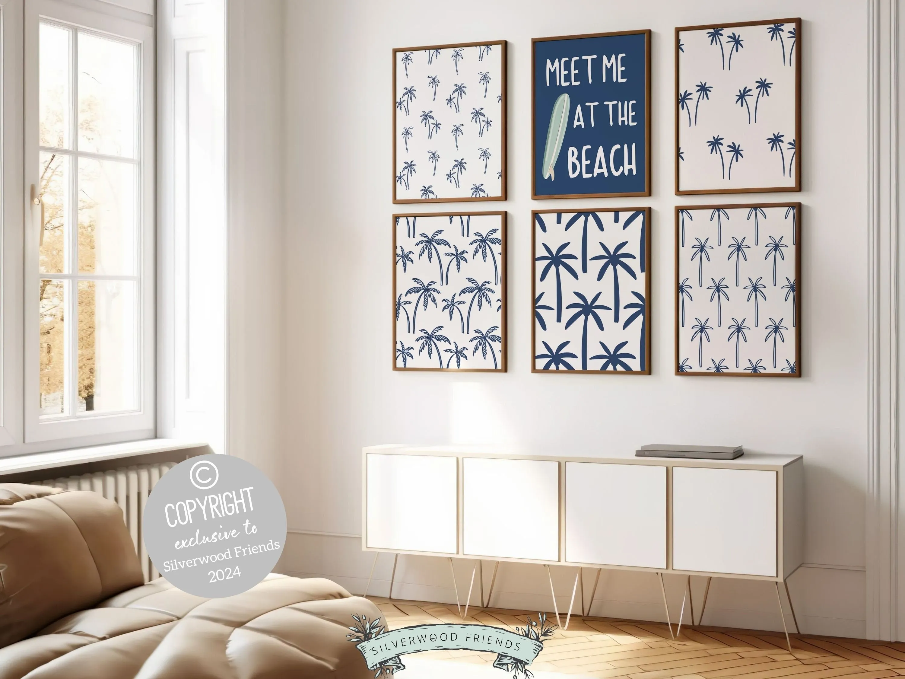 Navy Blue Surfboard Palm Tree Prints - Set of 6