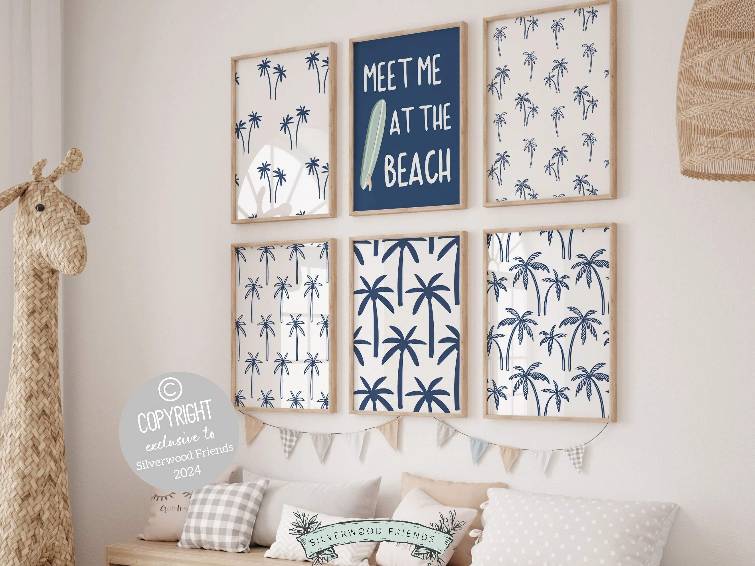 Navy Blue Surfboard Palm Tree Prints - Set of 6