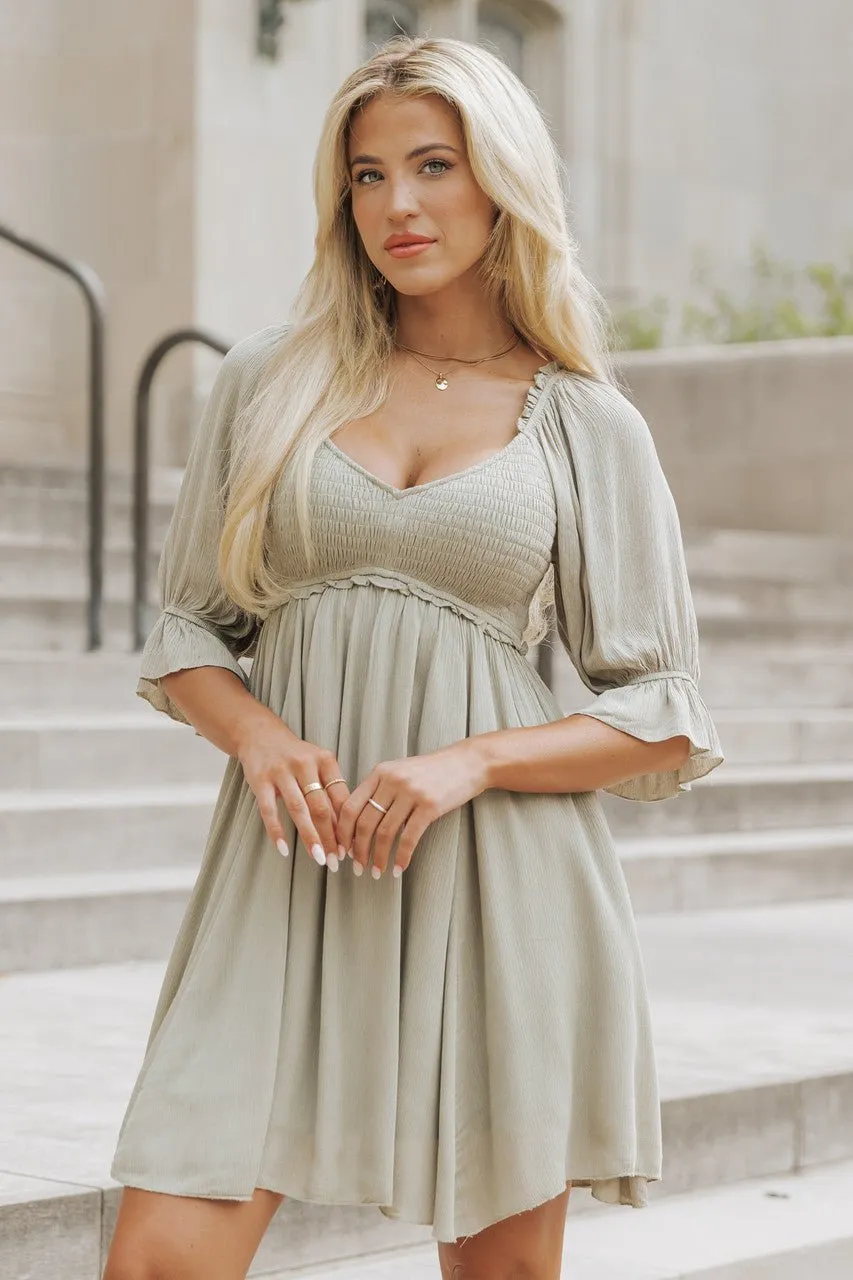 Olive Puff Sleeve Smocked Mini Dress - FINAL SALE