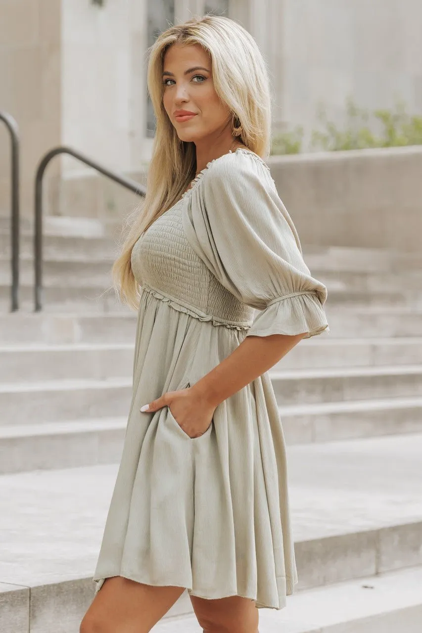 Olive Puff Sleeve Smocked Mini Dress - FINAL SALE