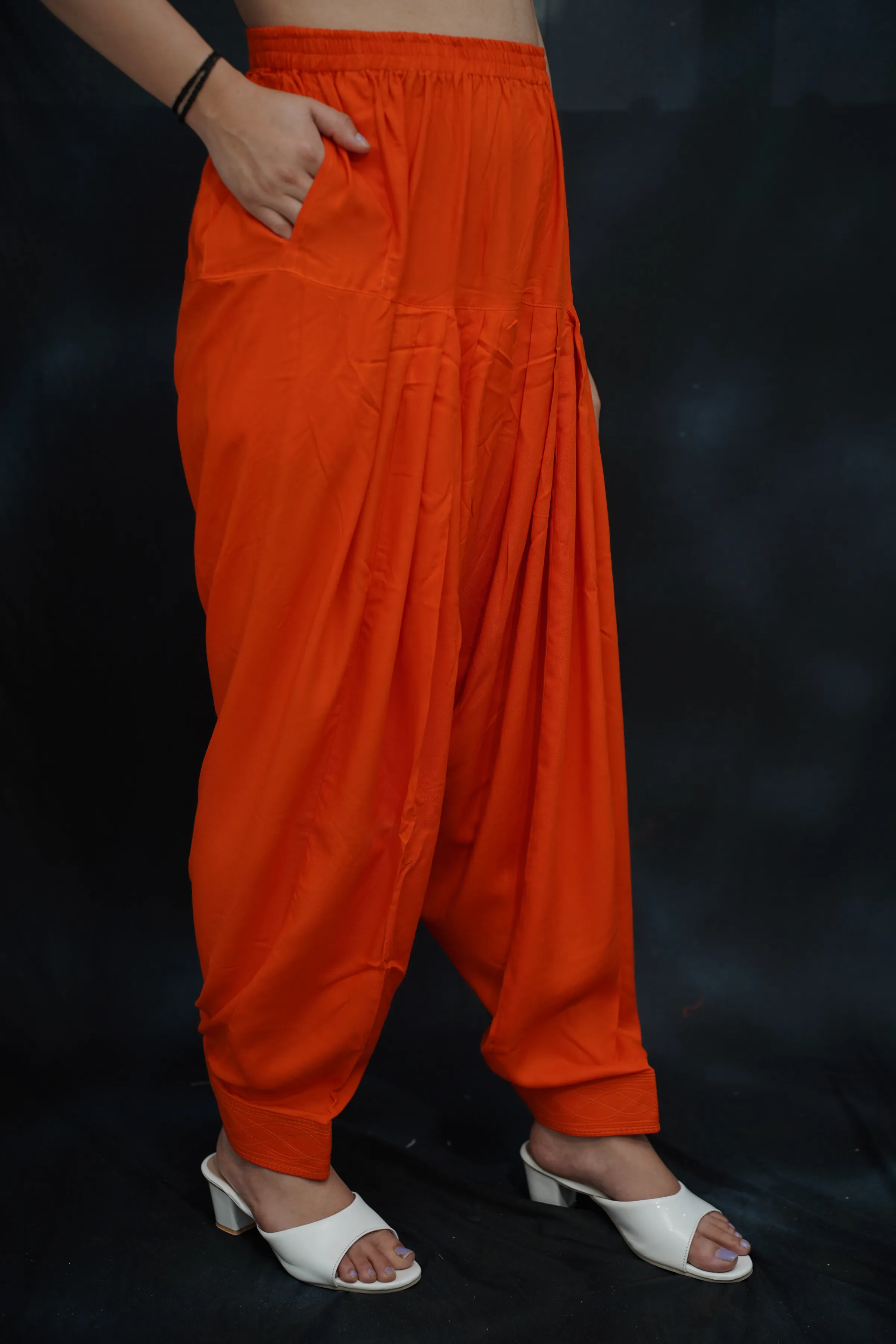 Orange Pleated Rayon Salwar