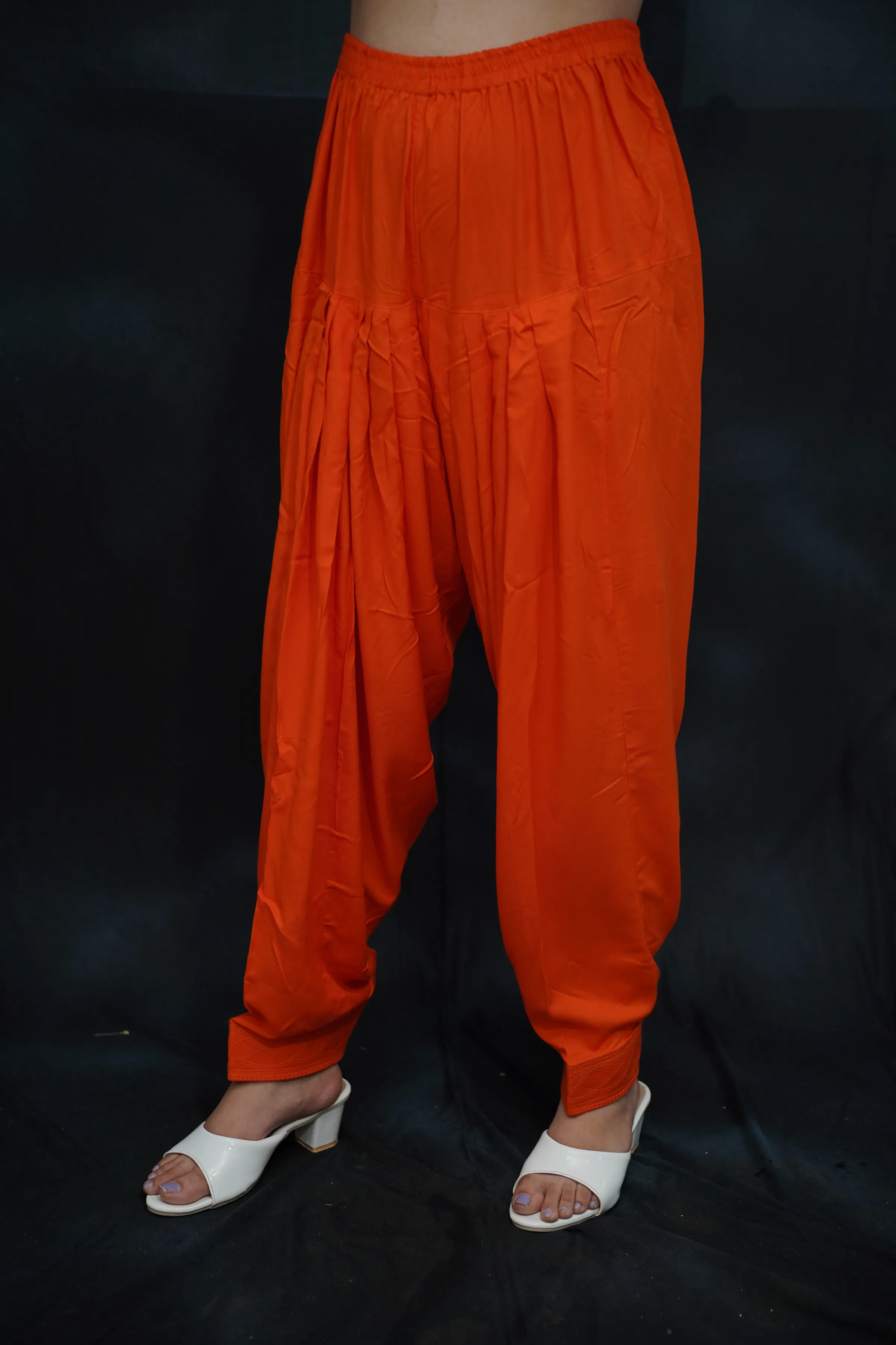 Orange Pleated Rayon Salwar