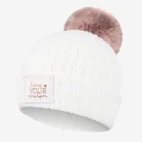 White Rose Foil Pom Beanie